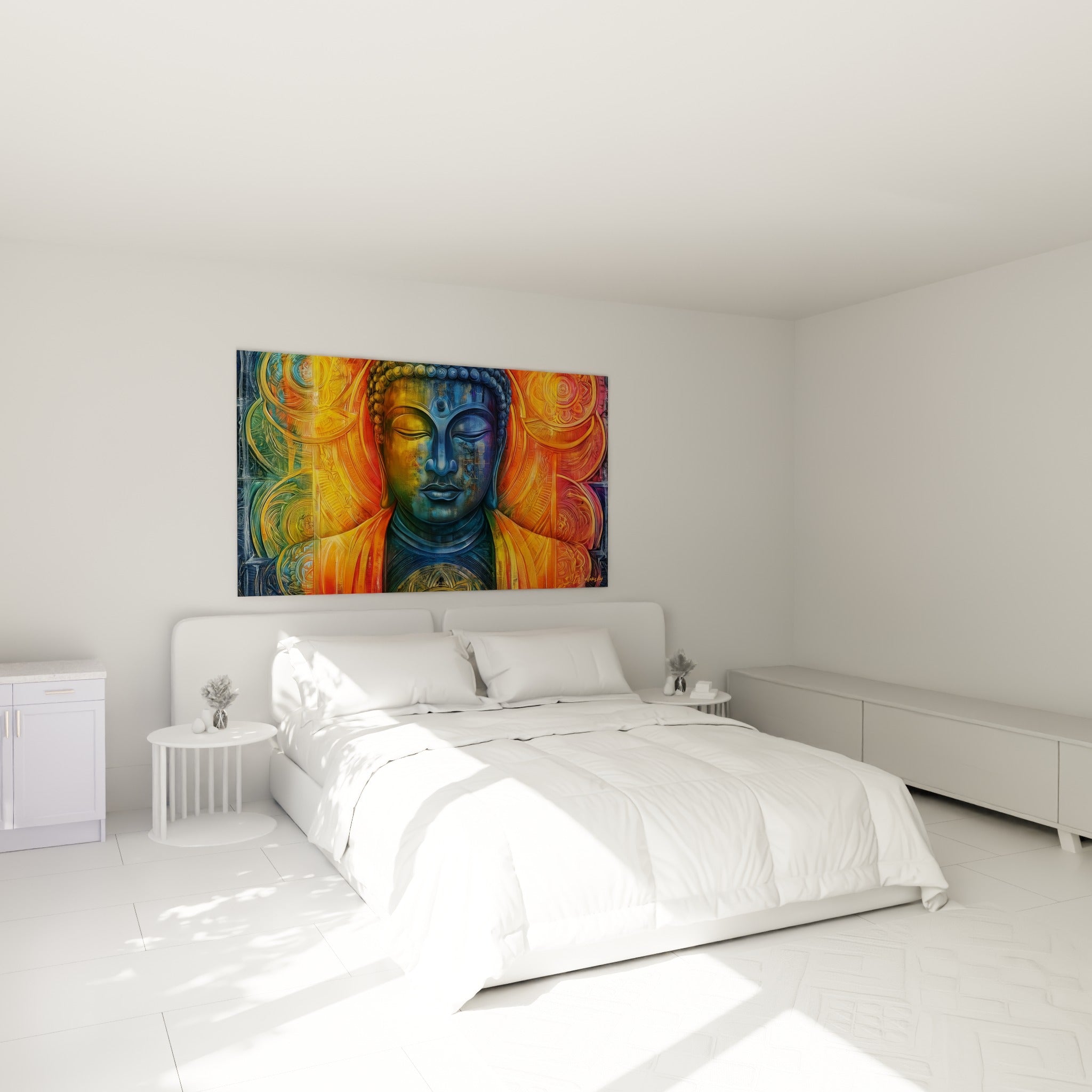 Bouddha aux teintes bleu marine et orange accroché au-dessus d'un lit dans une chambre claire