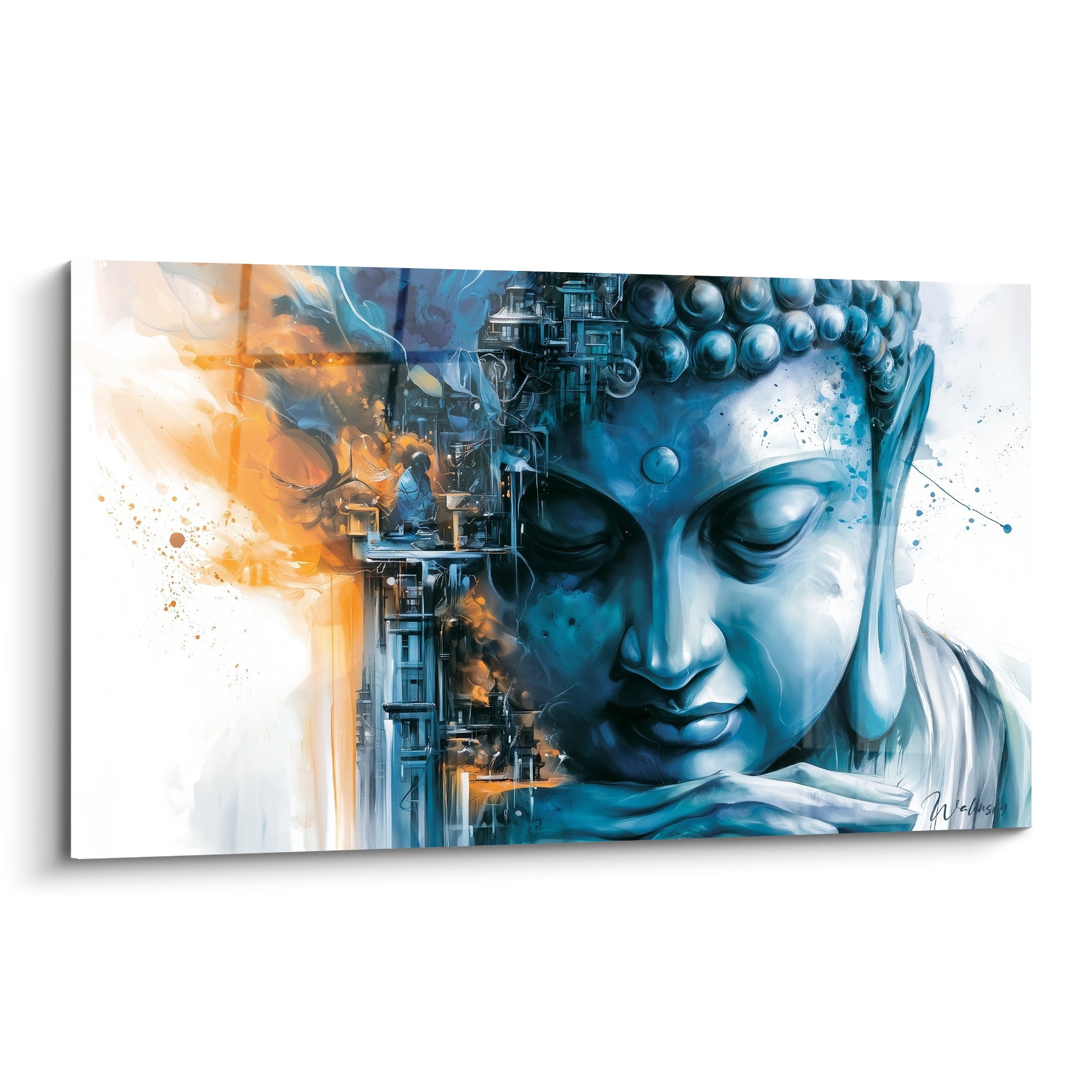 Visage de Bouddha bleu marine aux yeux clos, fond orangé et structures fantomatiques éclatées