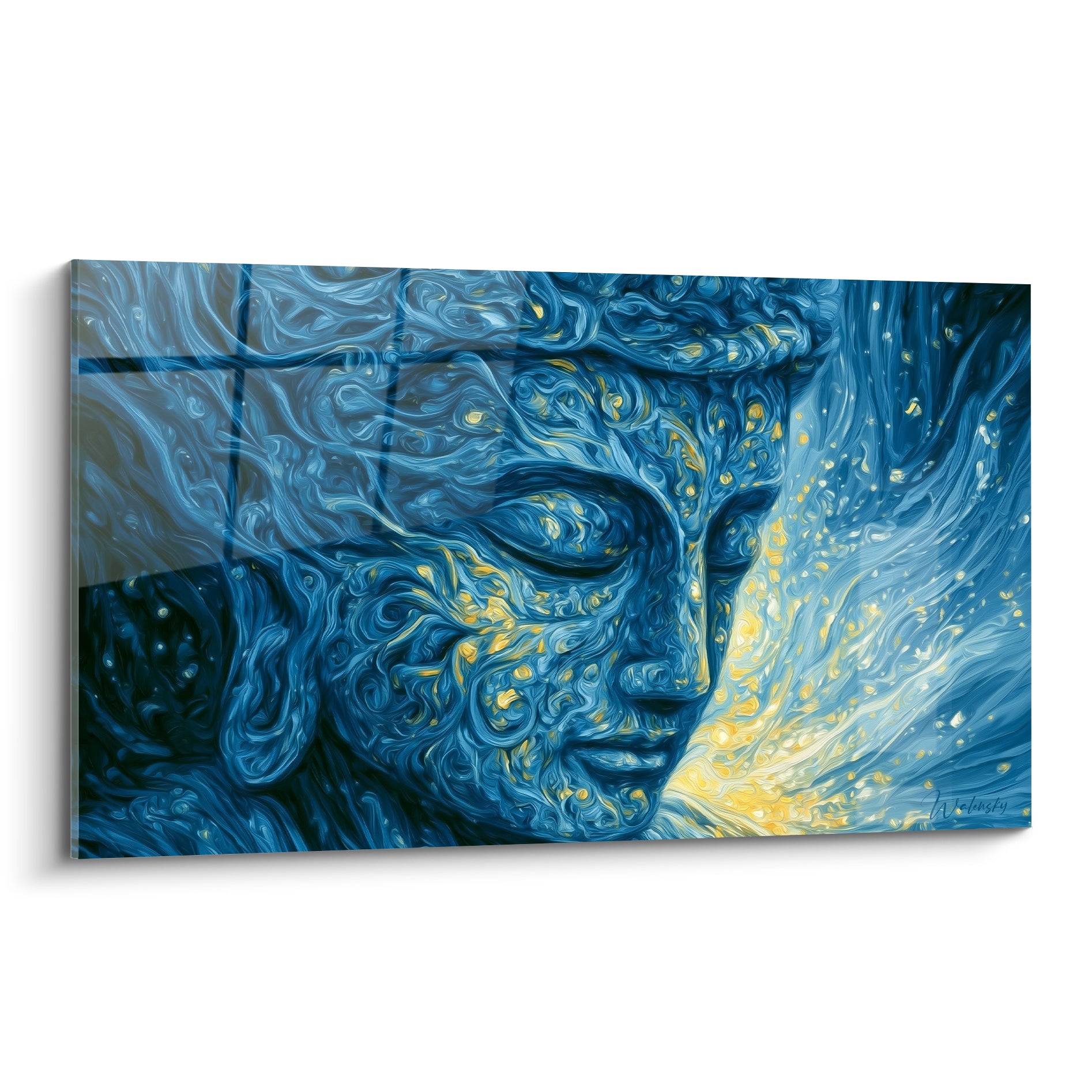 Visage de Bouddha en tourbillons bleu marine et doré, traits sculptés par la lumière et la peinture fluide