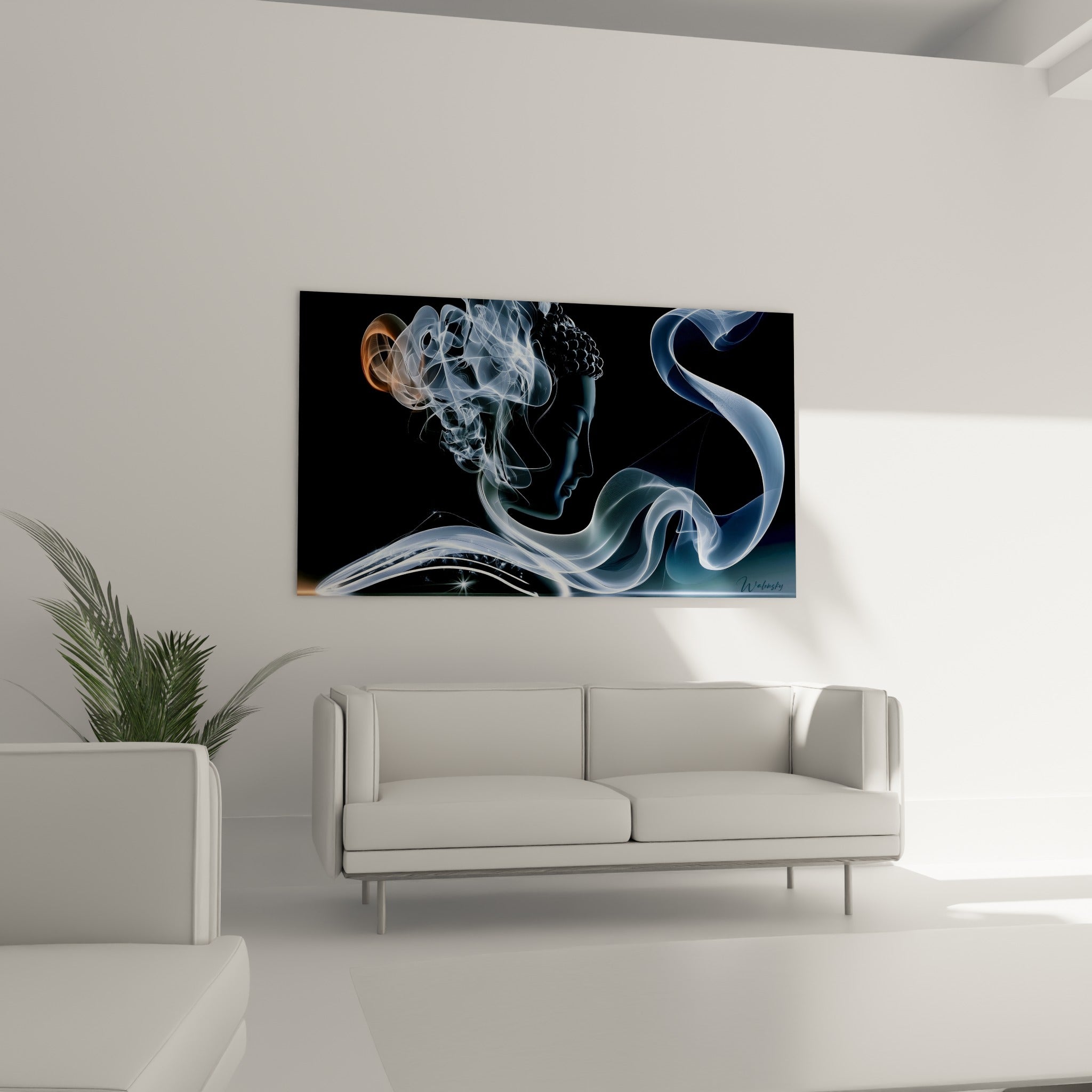 Profil de Bouddha anthracite traversé de volutes bleu pastel au-dessus d'un canapé dans un salon lumineux