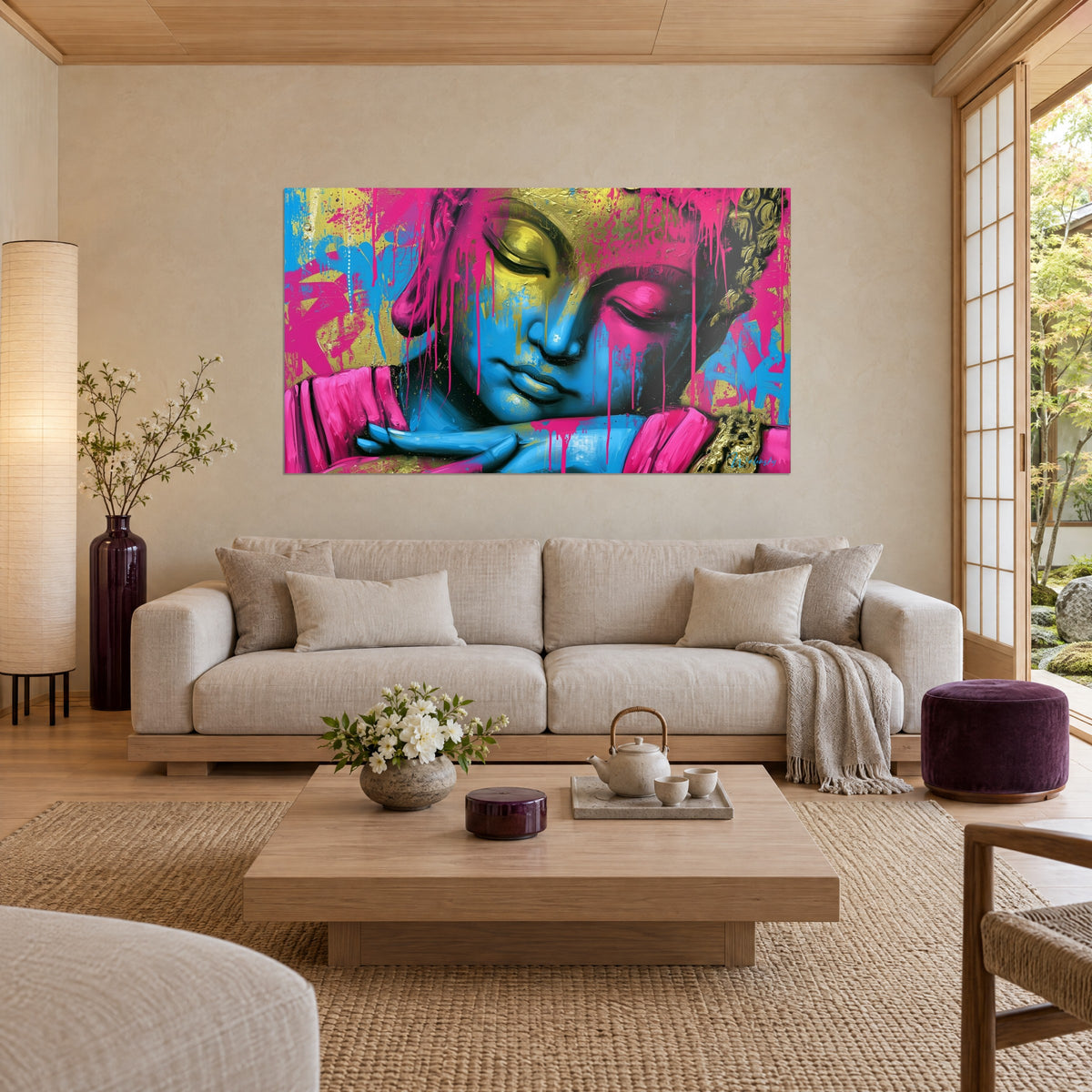 Wall art sleeping Buddha face, pink drips over blue and gold skin, hanging above a sofa in a bright living room