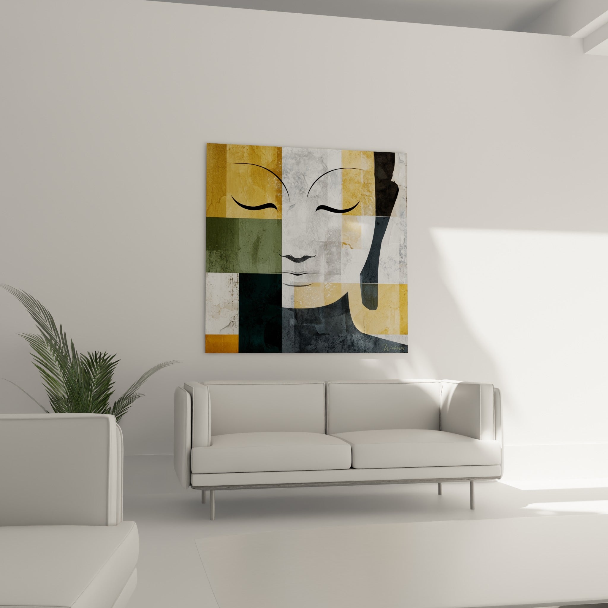 Visage du Bouddha en blocs dorés et gris texturé, au-dessus d'un canapé dans un salon lumineux