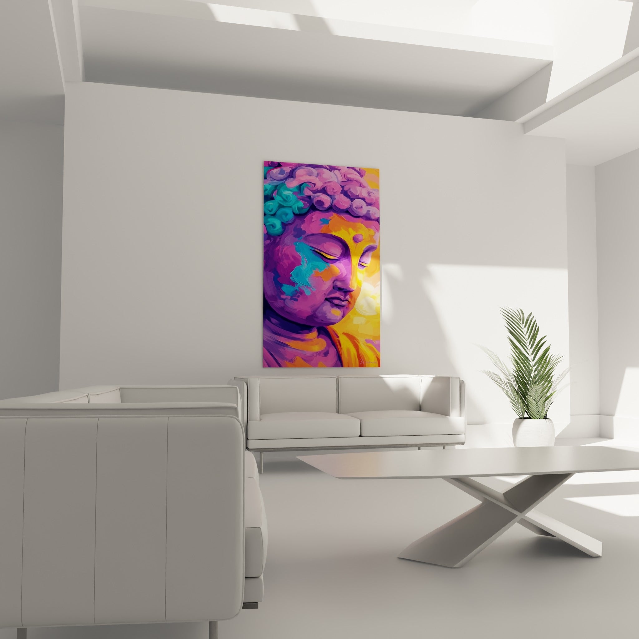 Bouddha méditant en violet et turquoise, au-dessus d'un canapé dans un salon lumineux
