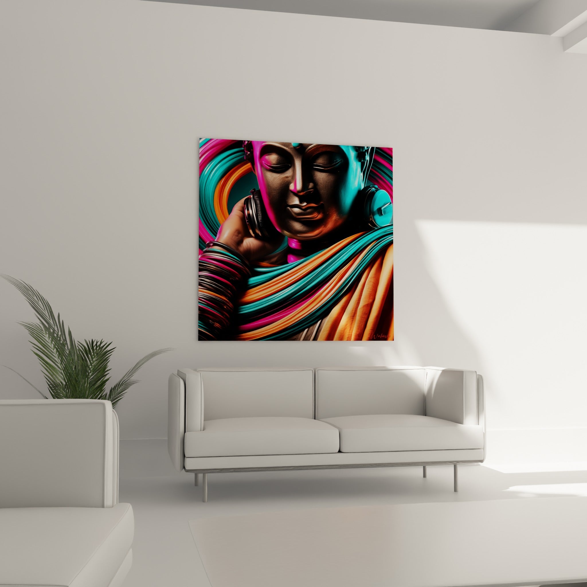 Statue de Bouddha stylisée en fuchsia et turquoise avec bracelets colorés, au-dessus d'un canapé dans un salon lumineux
