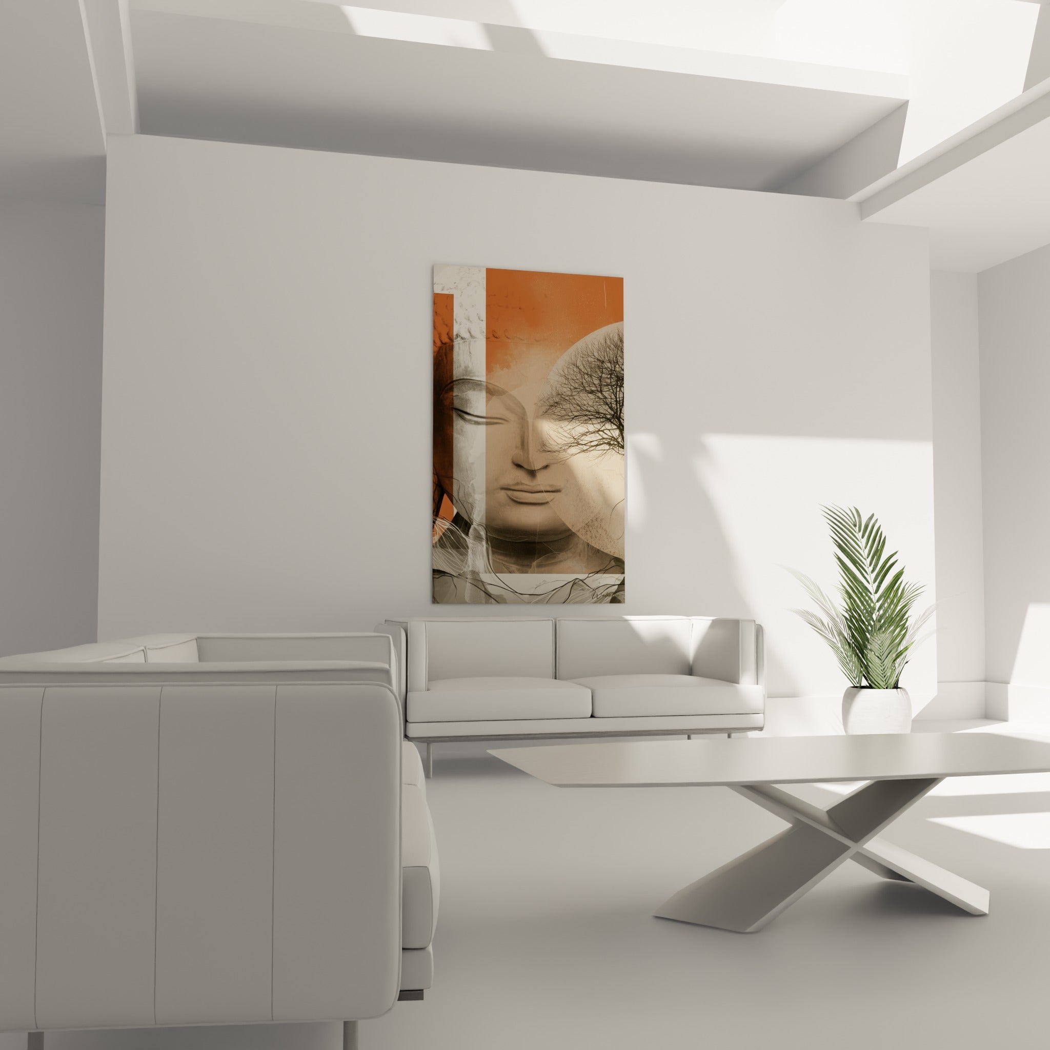 Visage clos du Bouddha entouré de branches noires et de terracotta, au-dessus d'un canapé dans un salon lumineux
