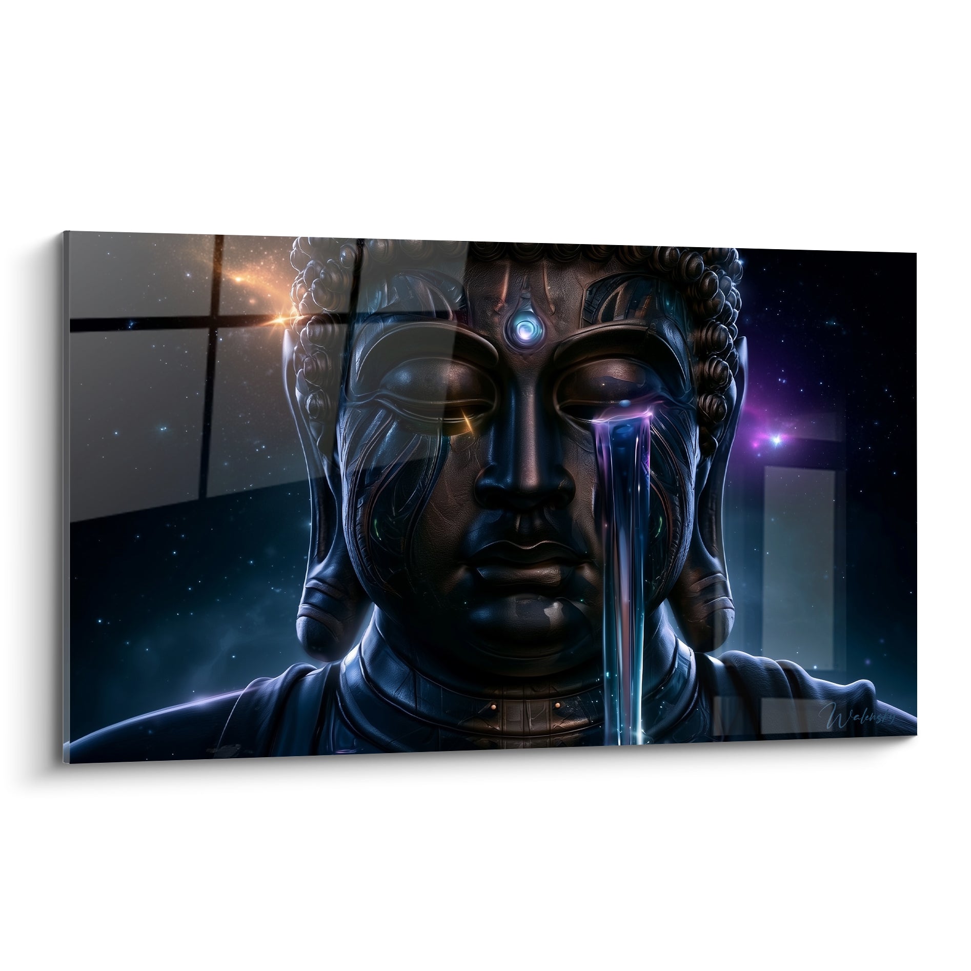 Bouddha en bronze anthracite, larme violette lumineuse traversant le visage sur fond étoilé bleu marine.