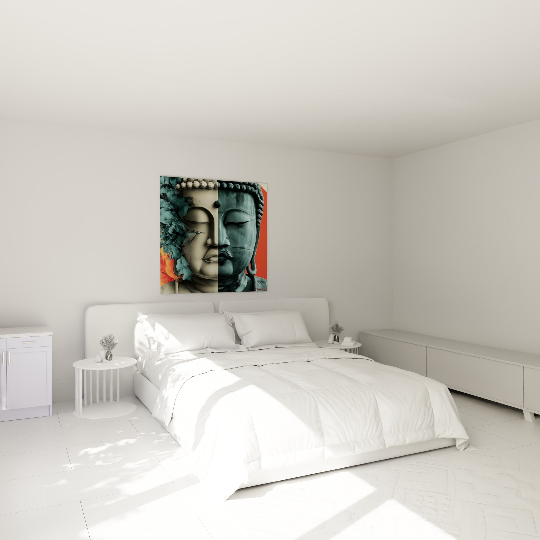 Visage serein du Bouddha bicolore, pierre claire et bronze anthracite, accroché au-dessus d'un lit dans une chambre claire