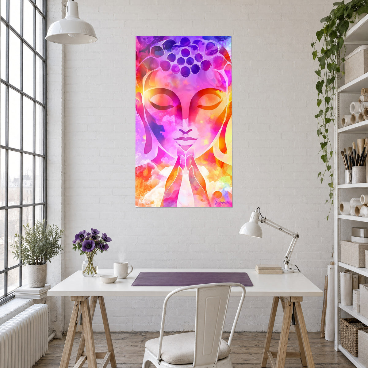 Quadro effigie buddhista con le mani in preghiera, viola e rosa intensi, sopra una scrivania bianca con lampada snodabile e piante