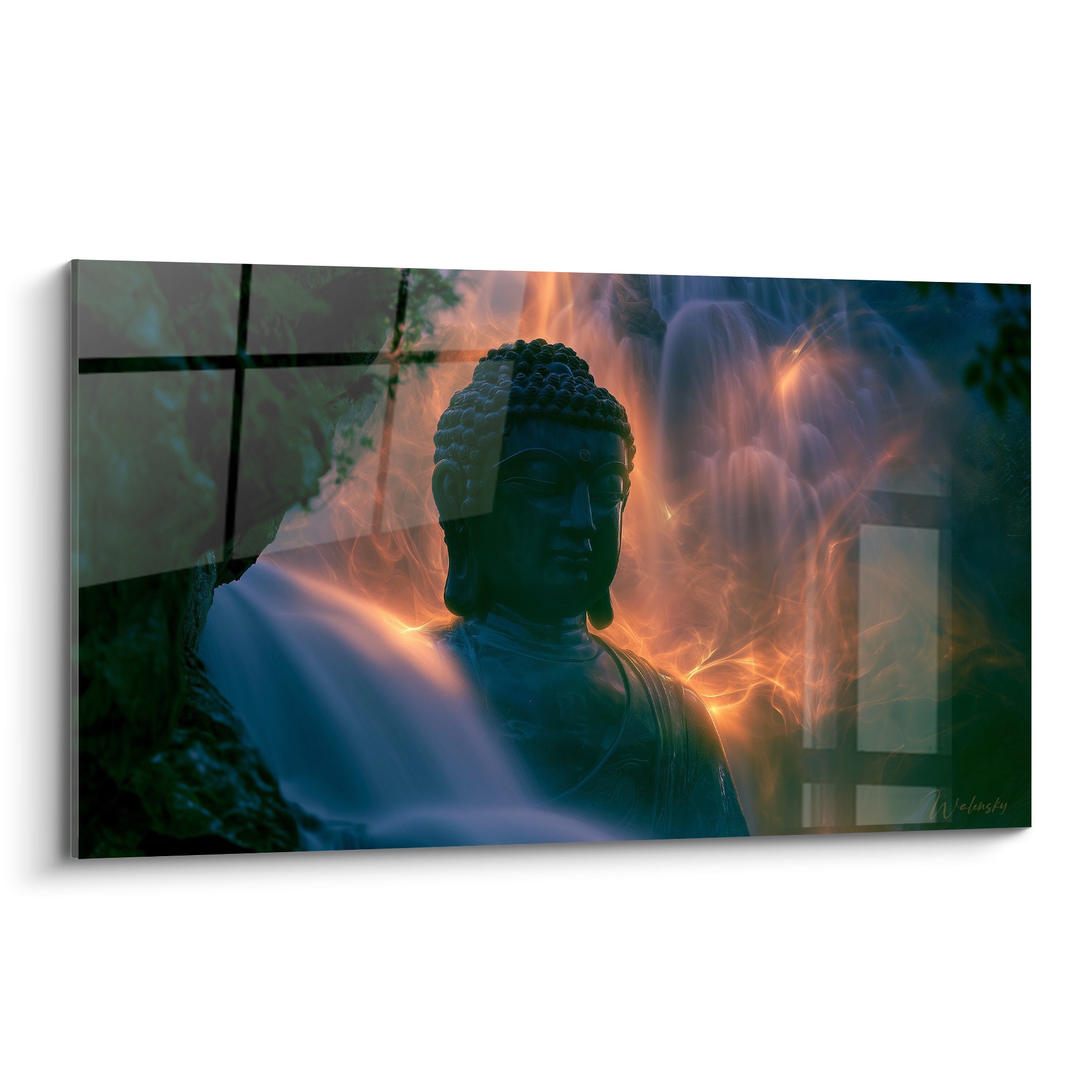 Statue de Bouddha anthracite entourée d'une cascade bleutée et de flammes orangées mystiques