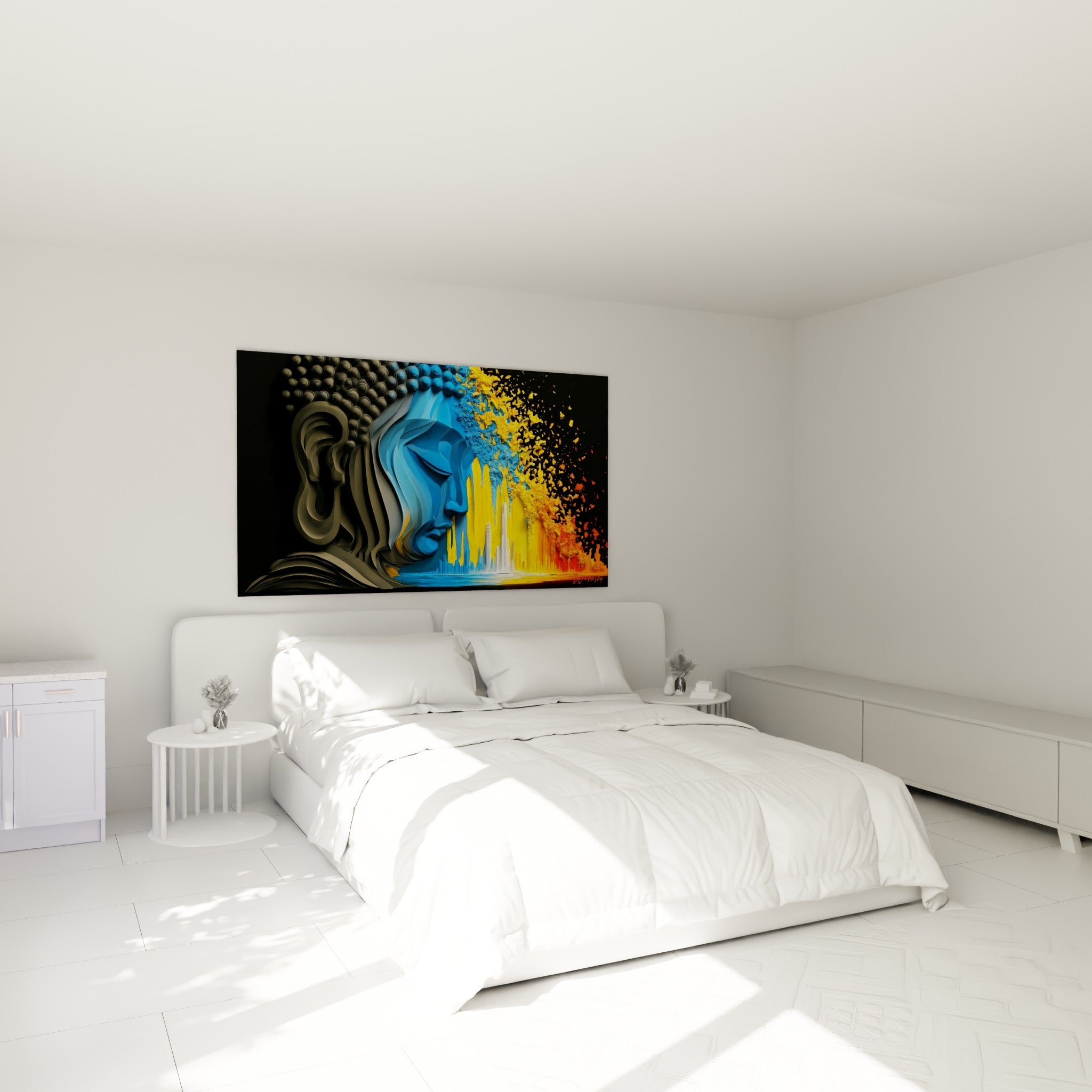 Sérénité du Bouddha bleu et jaune éclaté, accrochée au-dessus d'un lit dans une chambre claire