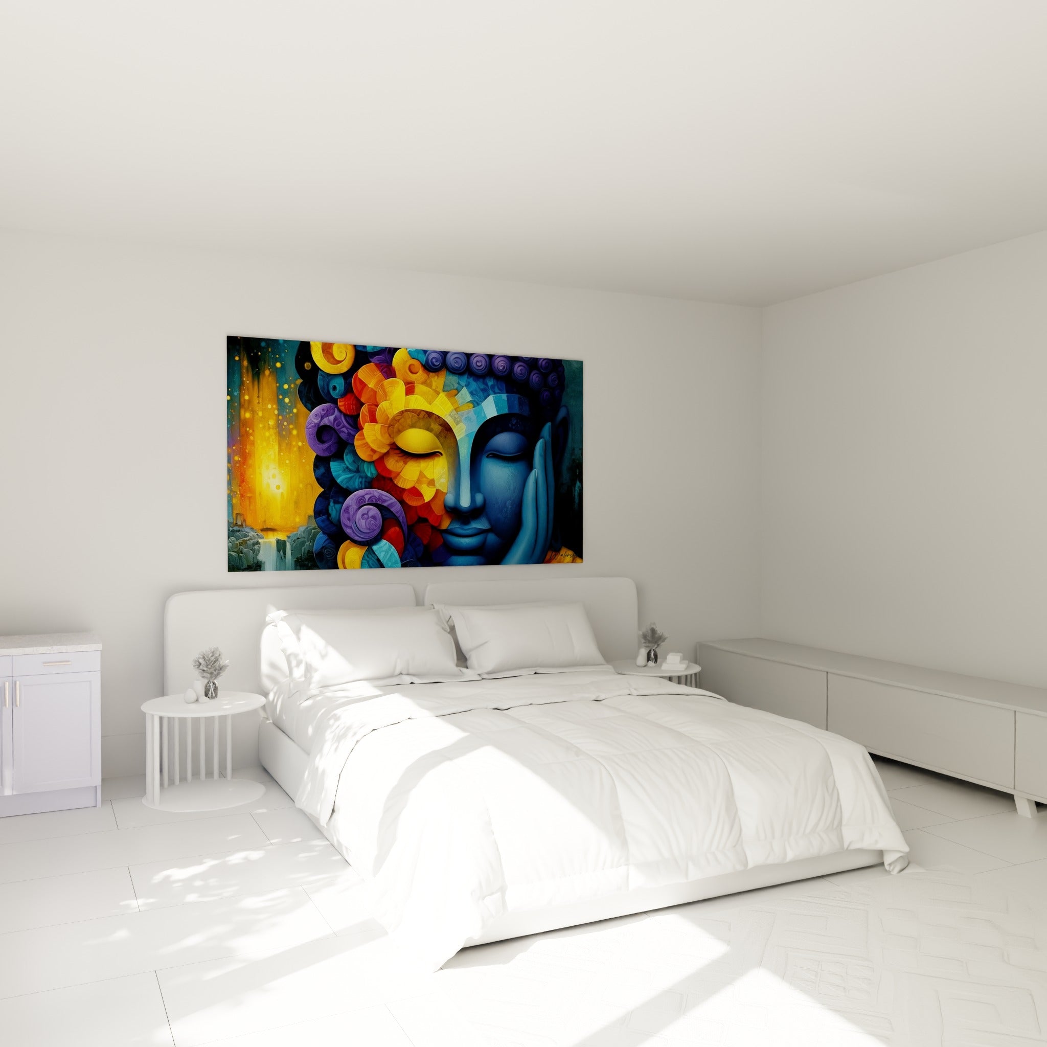 Sérénité du Bouddha bleu et ocre aux mains jointes, au-dessus d'un lit dans une chambre claire