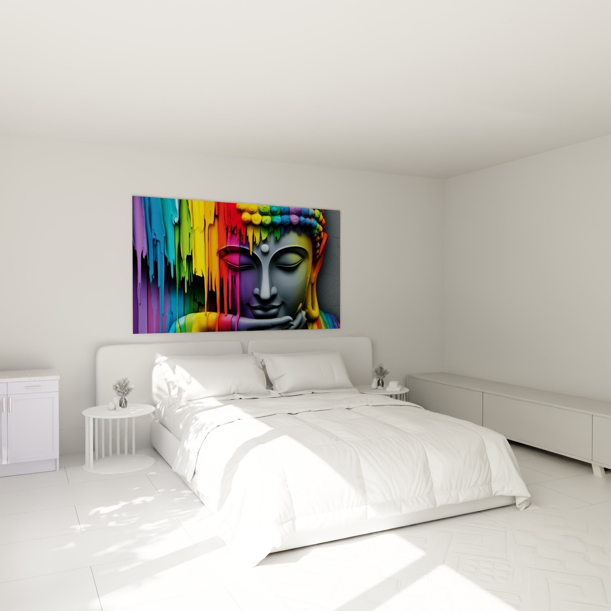 Visage de Bouddha aux coulures rouge et vert émeraude, accroché au-dessus d'un lit dans une chambre claire