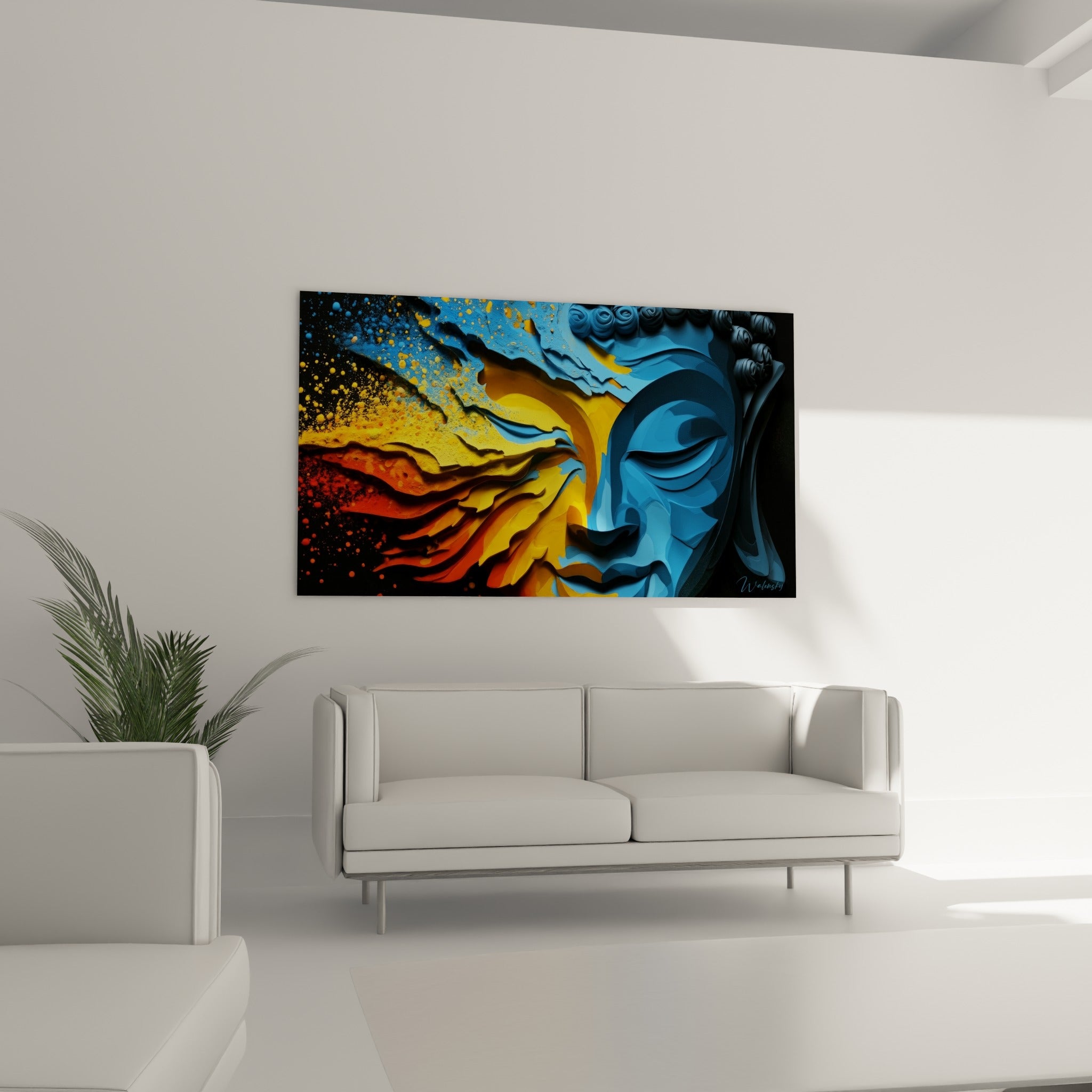 Contraste bleu marine et orange incandescent du Bouddha suspendu au-dessus d'un canapé dans un salon lumineux