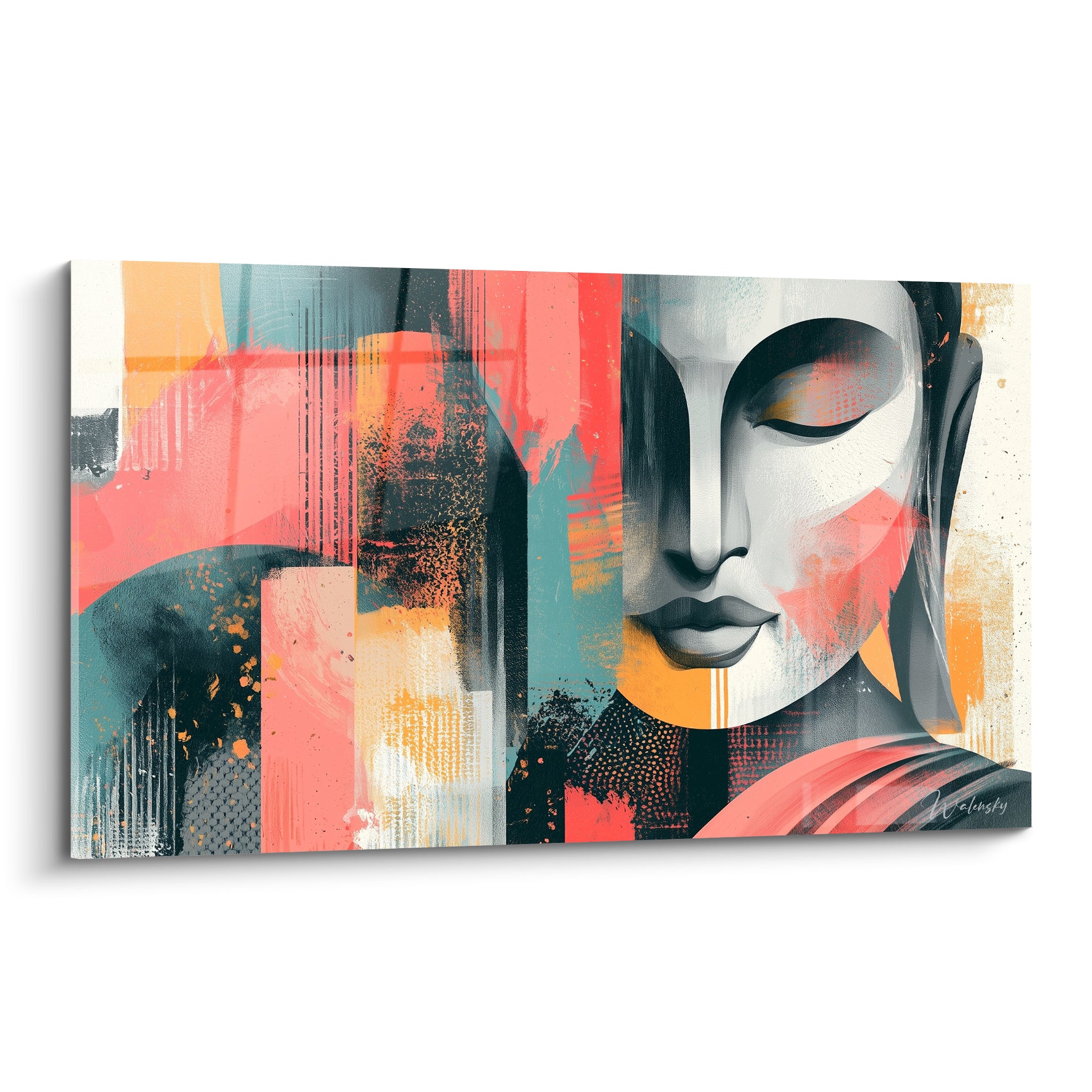 Bouddha aux yeux clos entouré de blocs corail, sarcelle et ocre en peinture graphique
