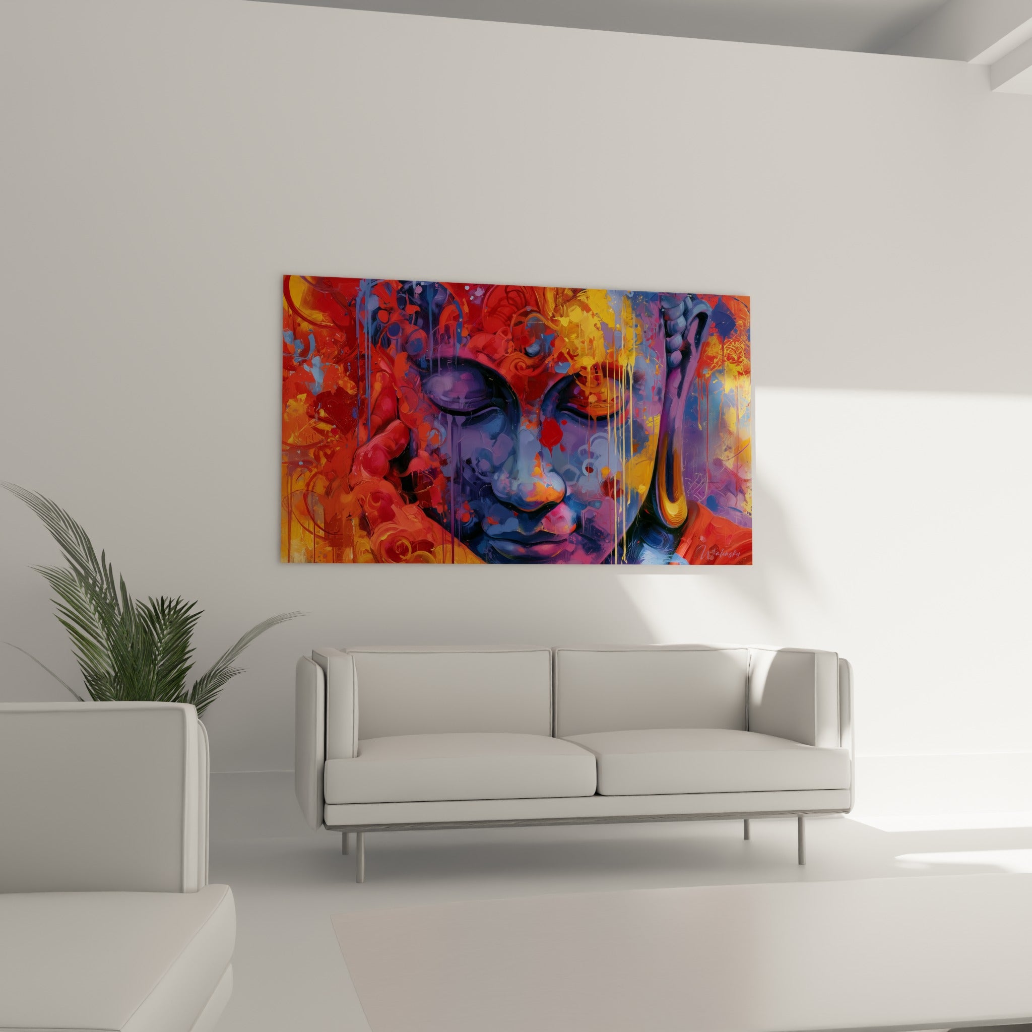 Méditation du Bouddha orange et bleu, coulures picturales au-dessus d'un canapé dans un salon lumineux