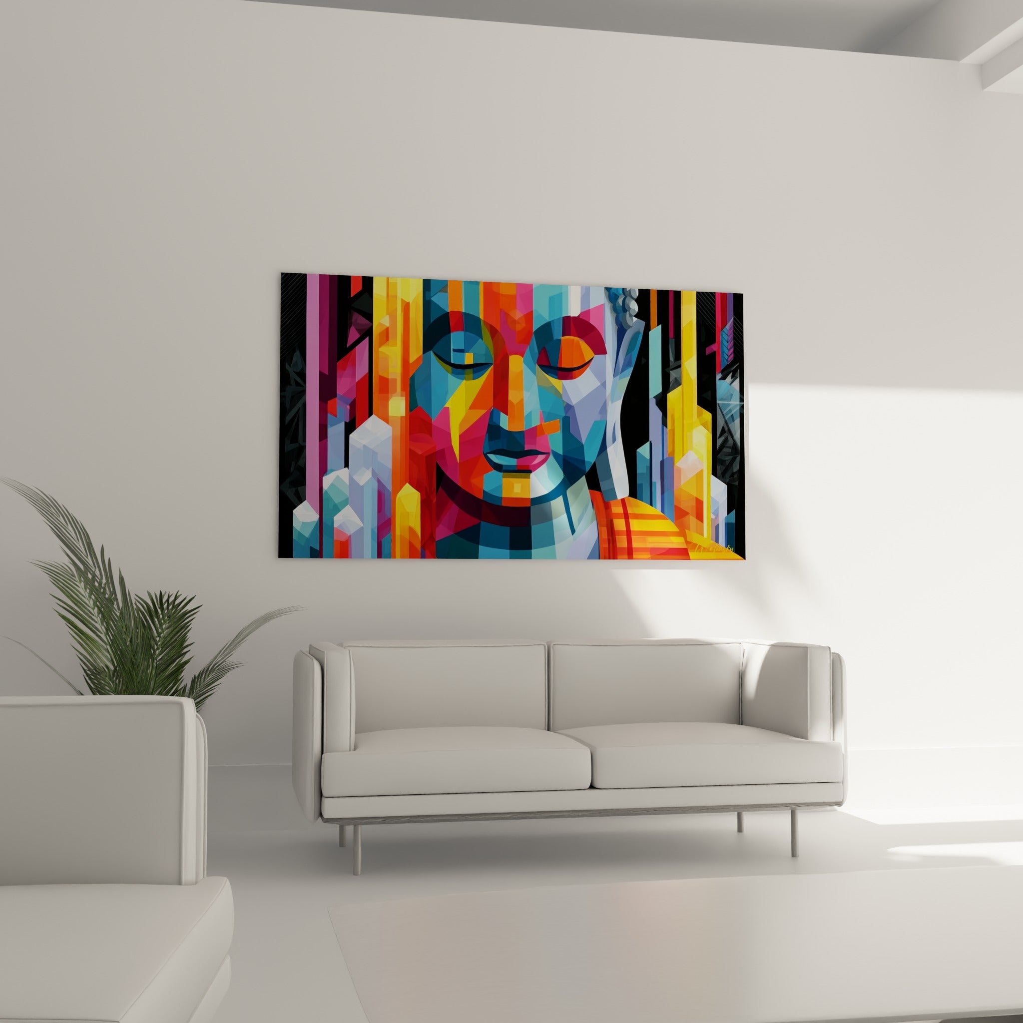 Bouddha serein en bleu profond et jaune éclatant, positionné au-dessus d'un canapé dans un salon lumineux