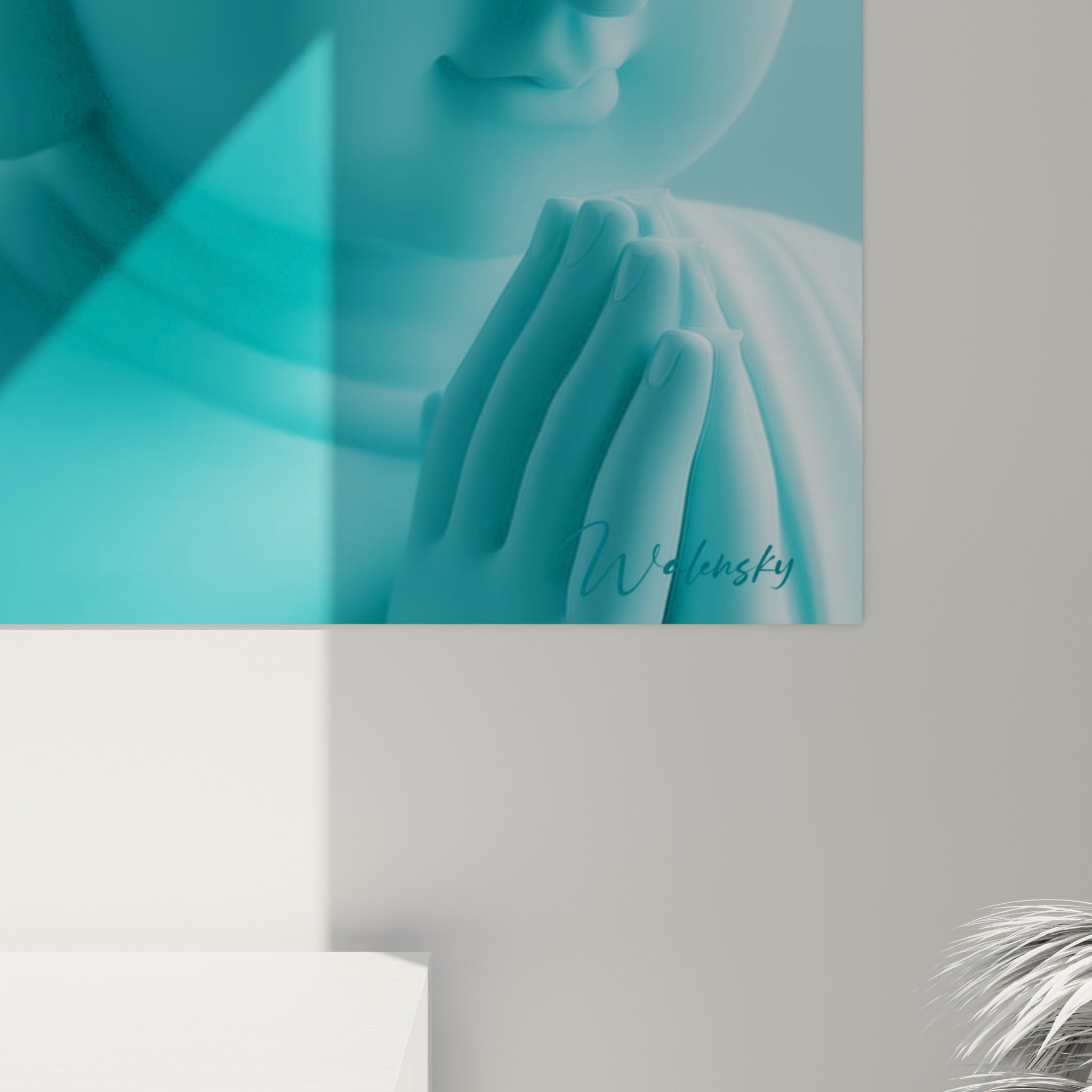 Détail des bouclettes sculptées du Bouddha et du grain turquoise se mêlant aux volutes de fumée