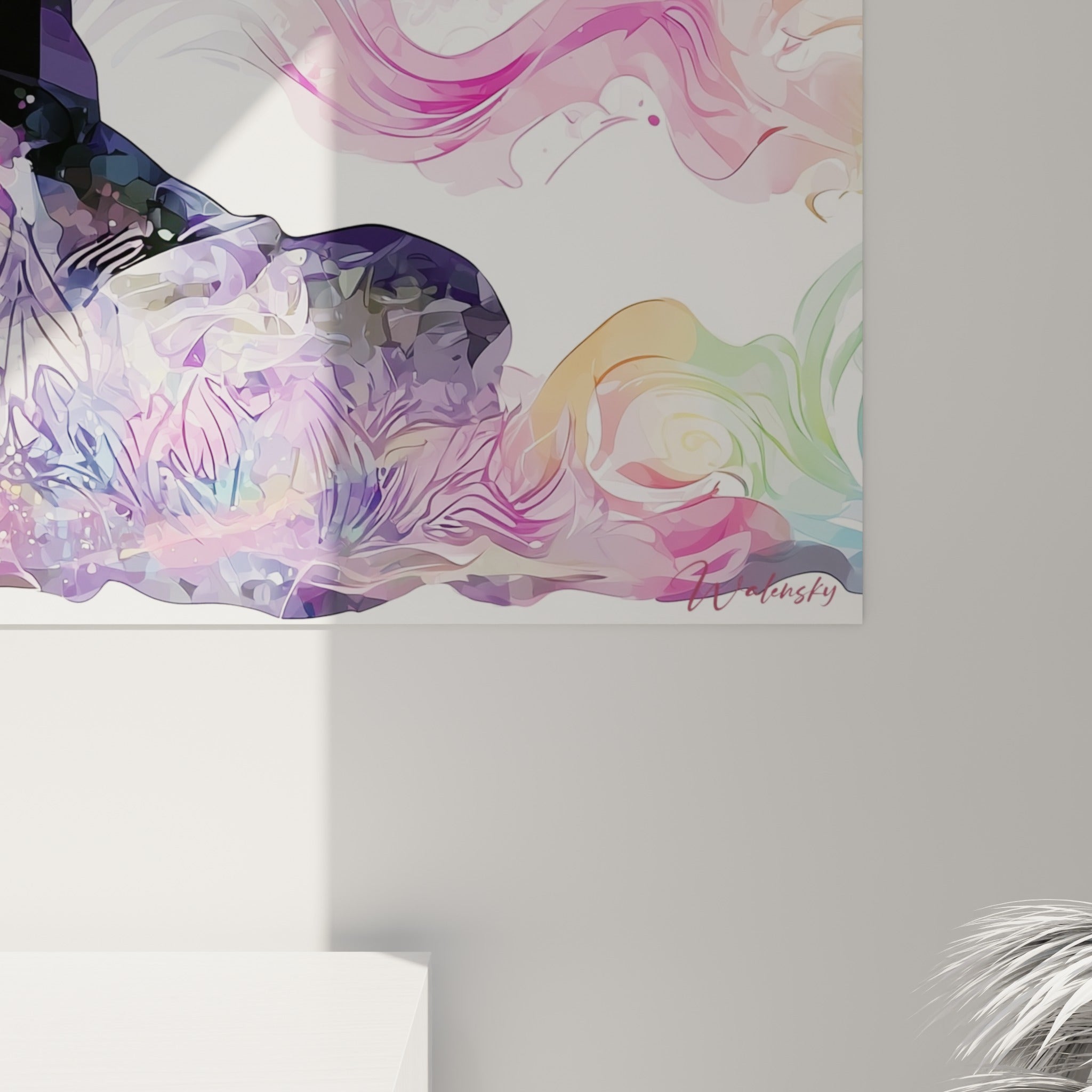 Détail des volutes roses et violettes du tableau Bouddha, grain aquarelle et éclaboussures visibles de près