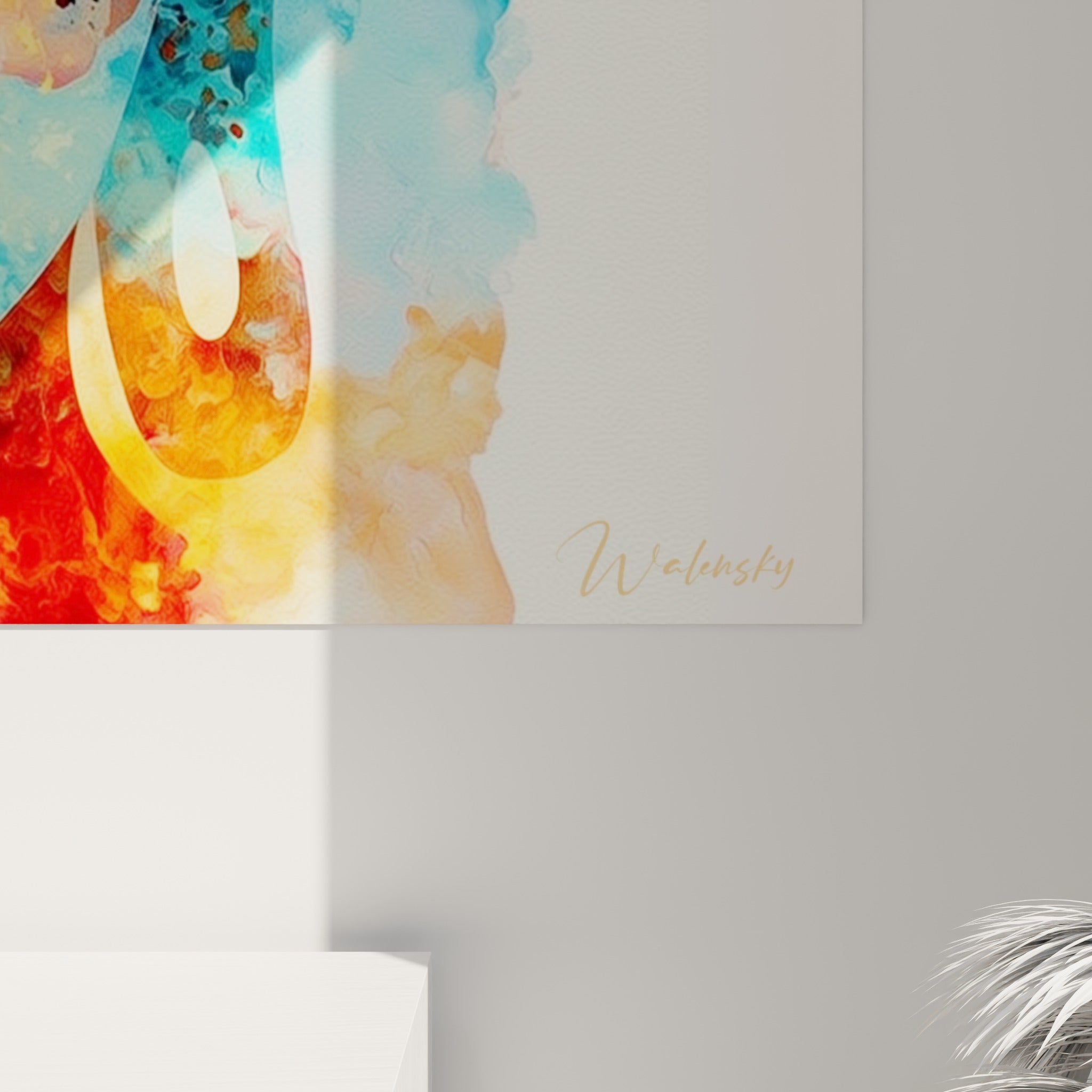 Éclaboussures d'aquarelle turquoise et pourpre sur le visage du Bouddha, grain et coulures visibles de près