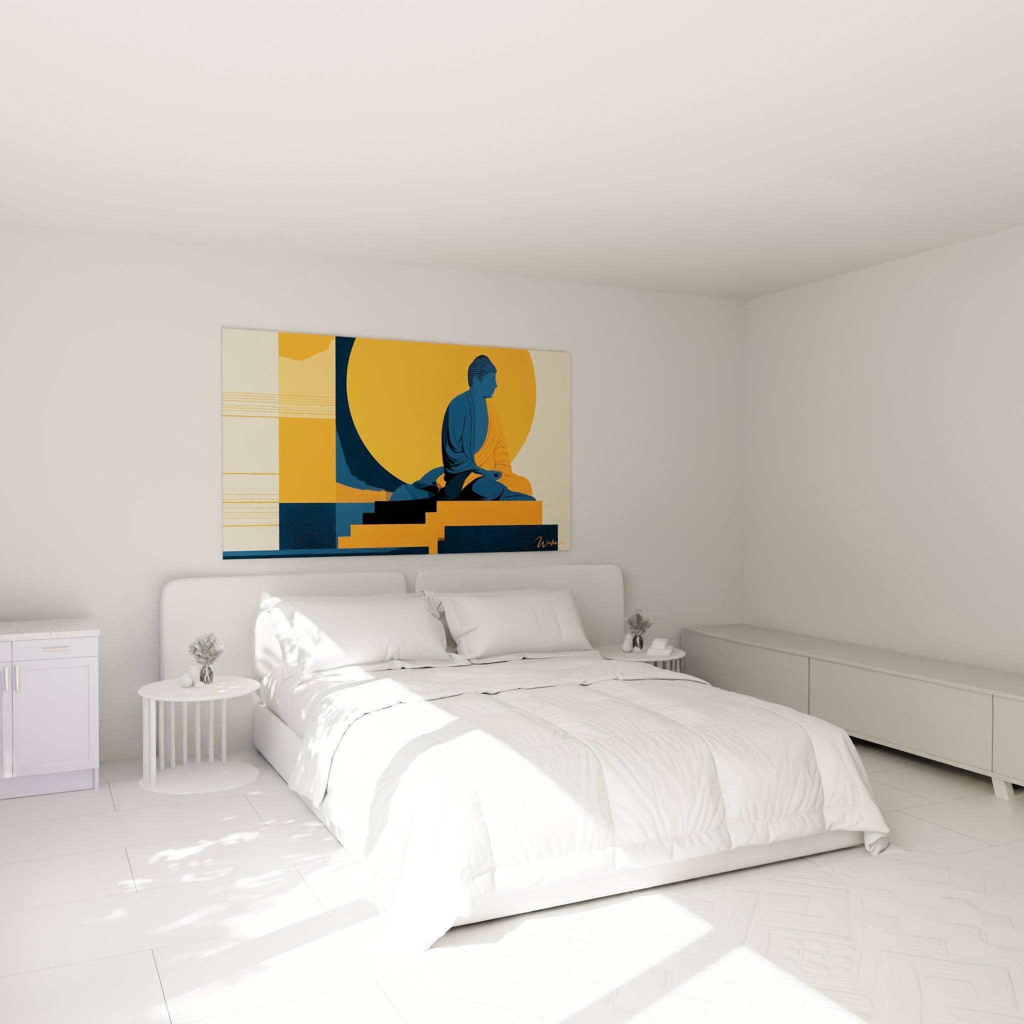 Silhouette méditative bleu marine et orange du Bouddha, accrochée au-dessus d'un lit dans une chambre claire