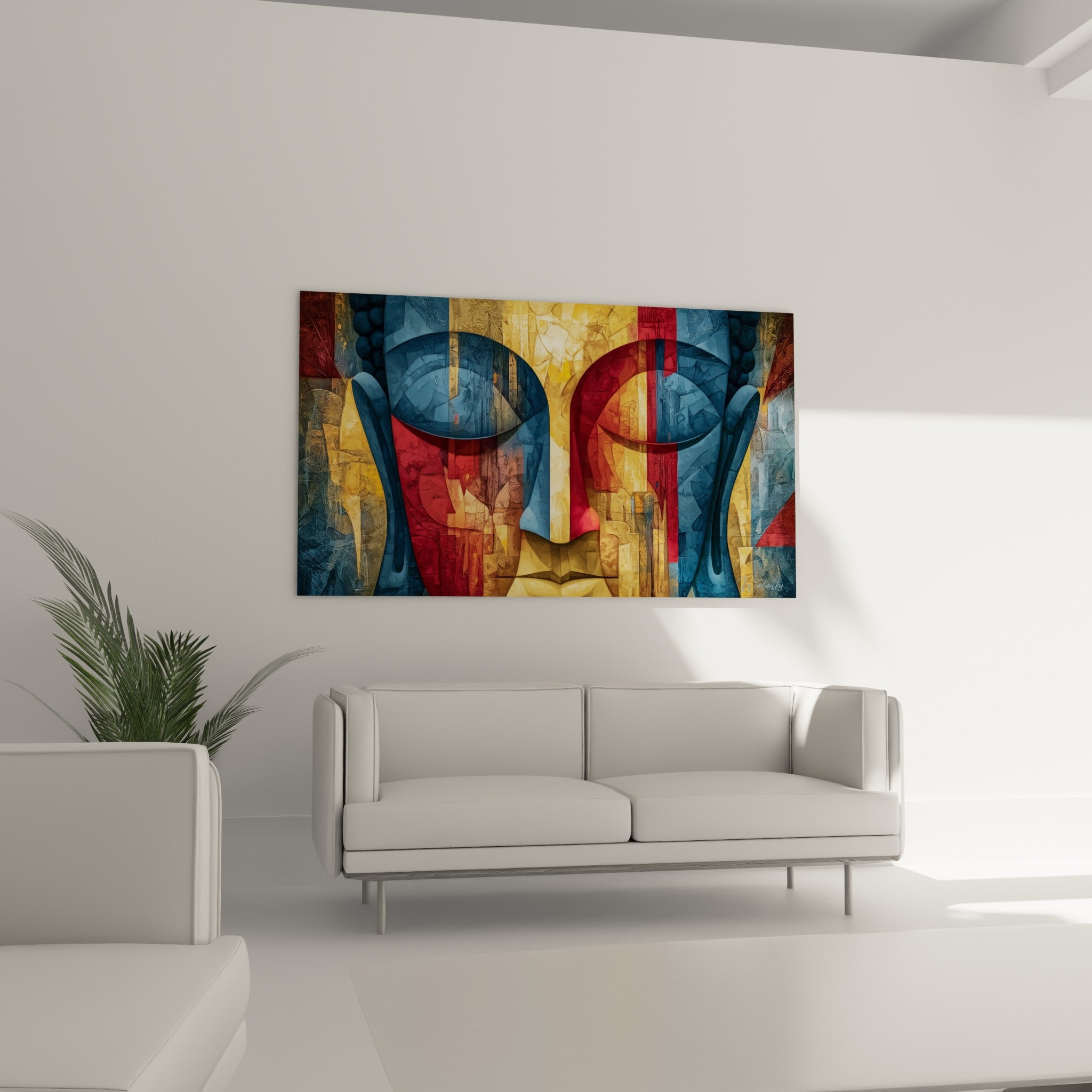 Bouddha aux tons dorés et bleu profond, motifs géométriques texturés, au-dessus d'un canapé dans un salon lumineux