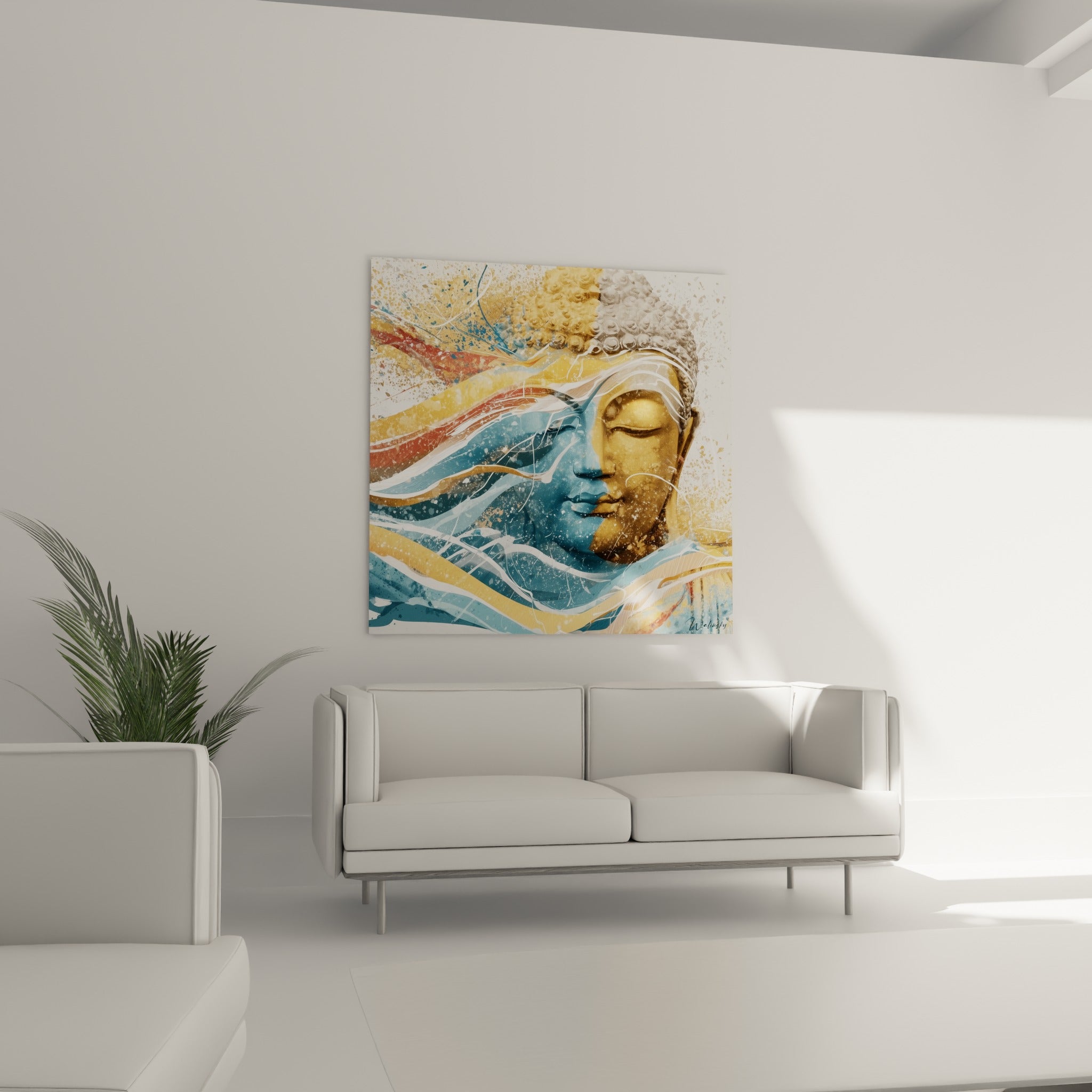 Visage de Bouddha ocre et anthracite au-dessus d'un canapé dans un salon lumineux