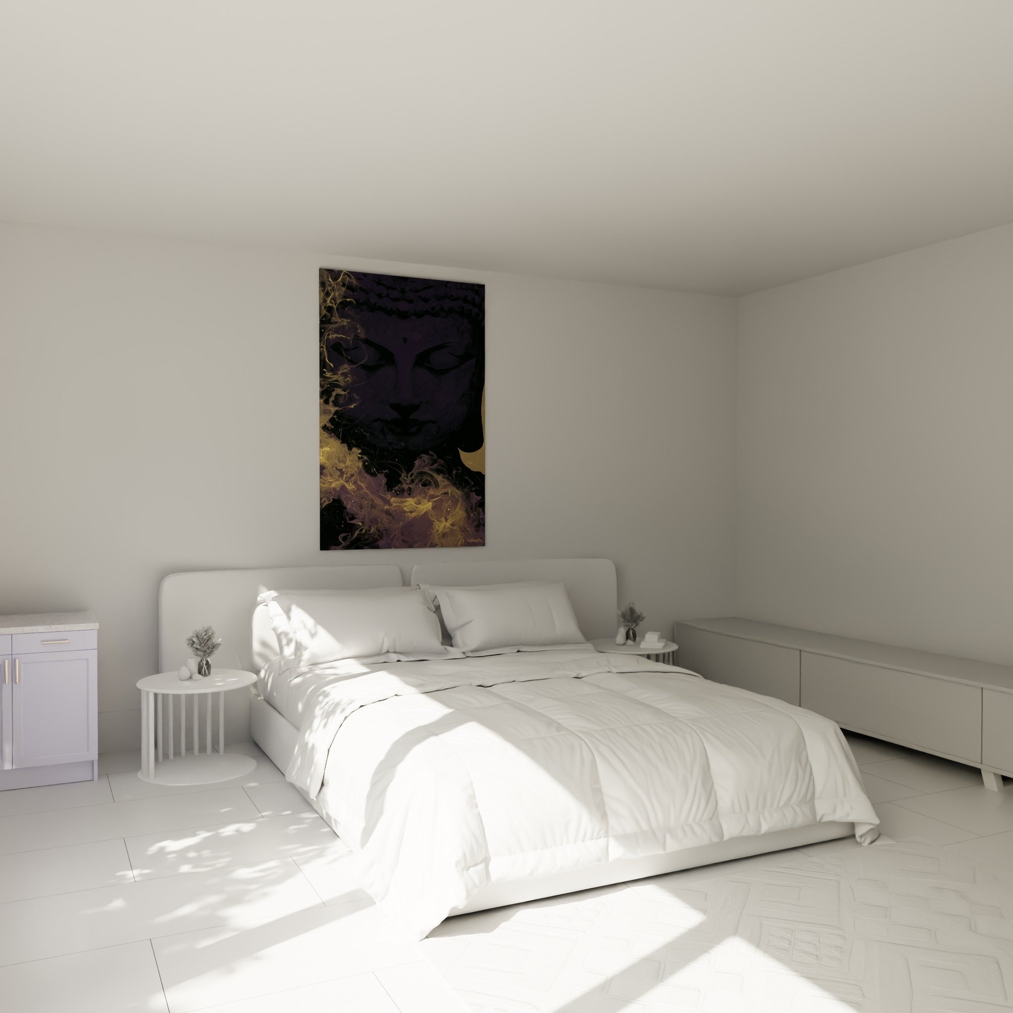 Sérénité dorée du visage de Bouddha violet placée au-dessus d'un lit dans une chambre claire