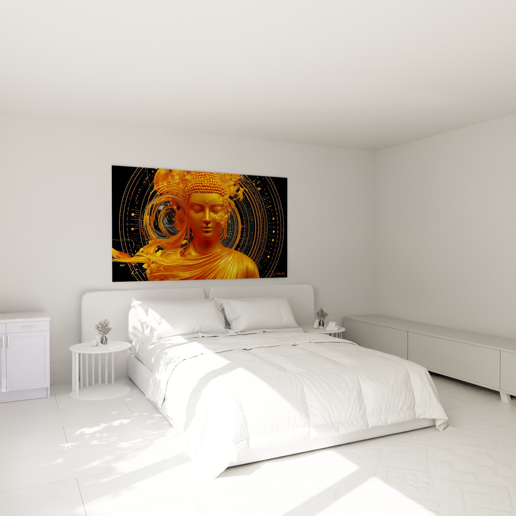 Silhouette dorée du Bouddha aux traits sereins, disposée au-dessus d'un lit dans une chambre claire