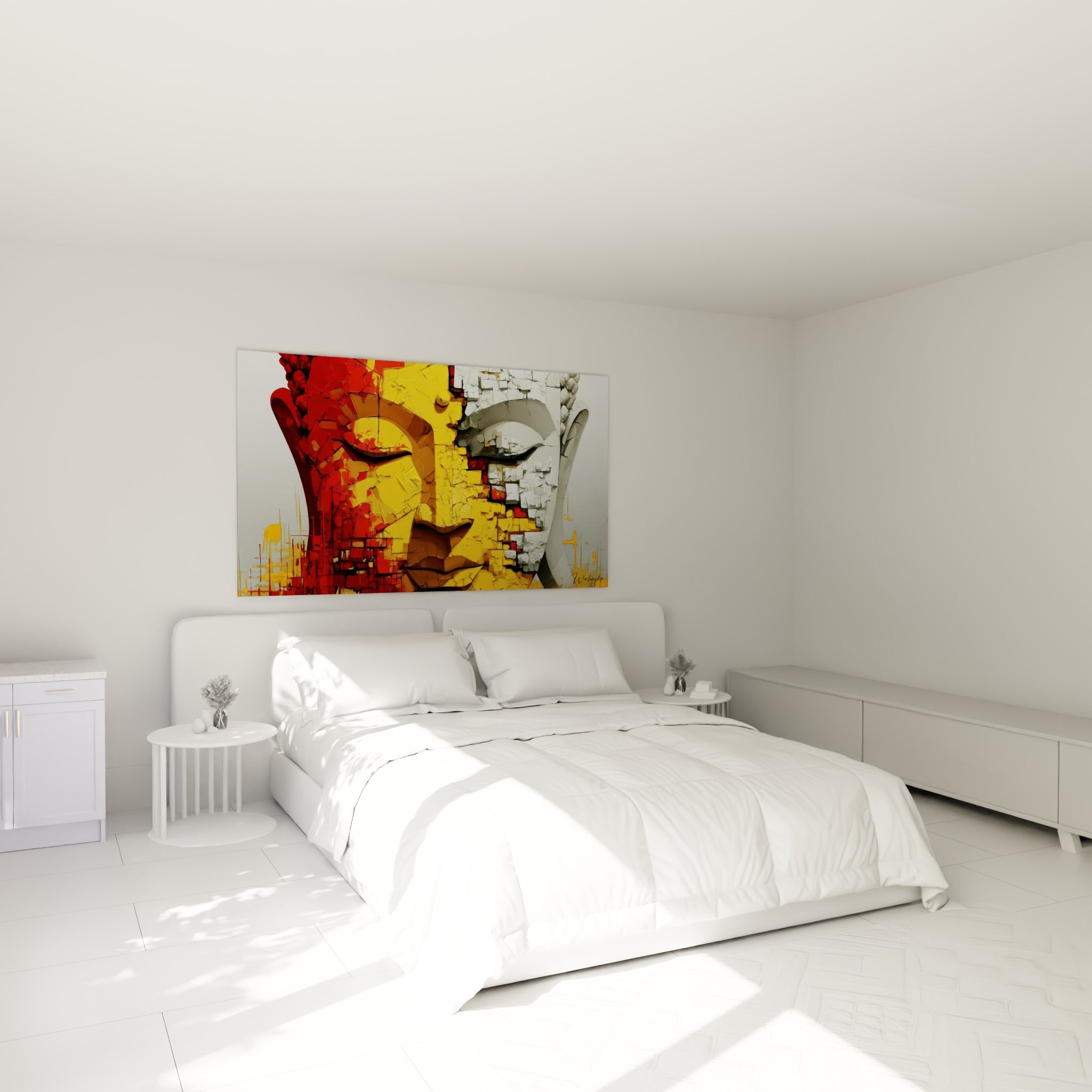 Sérénité du Bouddha doré et rouge accroché au-dessus d'un lit dans une chambre claire.