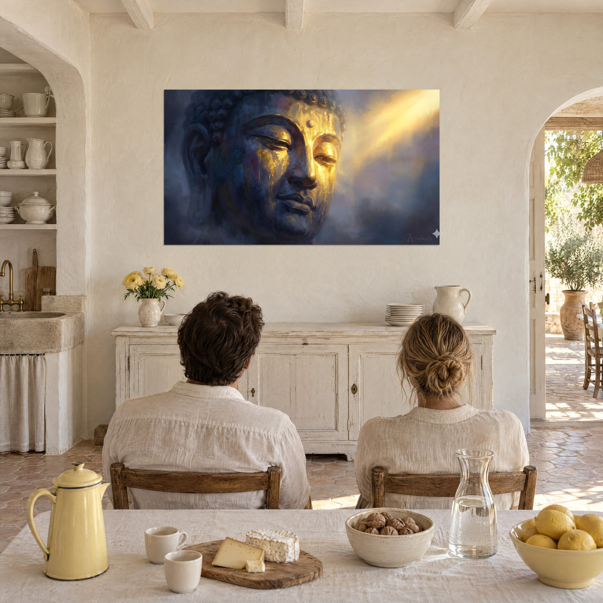 Schilderij vredige Boeddhamasker, nachtblauwe krullen en gouden glinsteringen onder een lichtbundel, koppel aan tafel van achteren in de mas