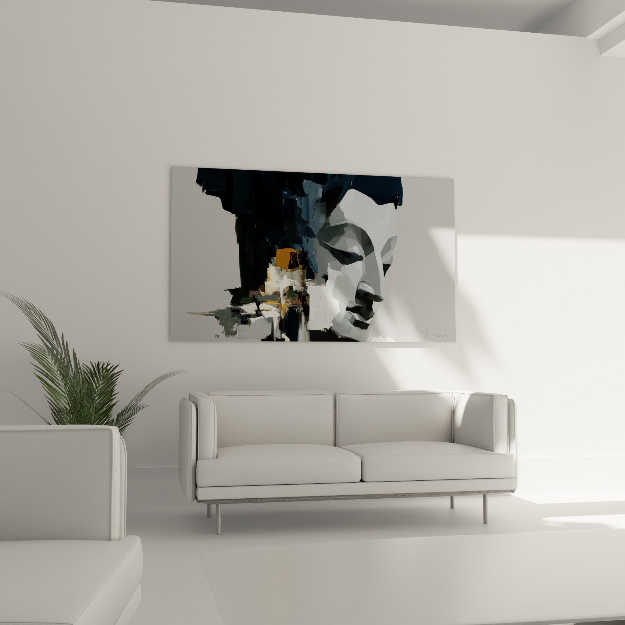 Bouddha gris et bleu marine aux éclats dorés au-dessus d'un canapé dans un salon lumineux