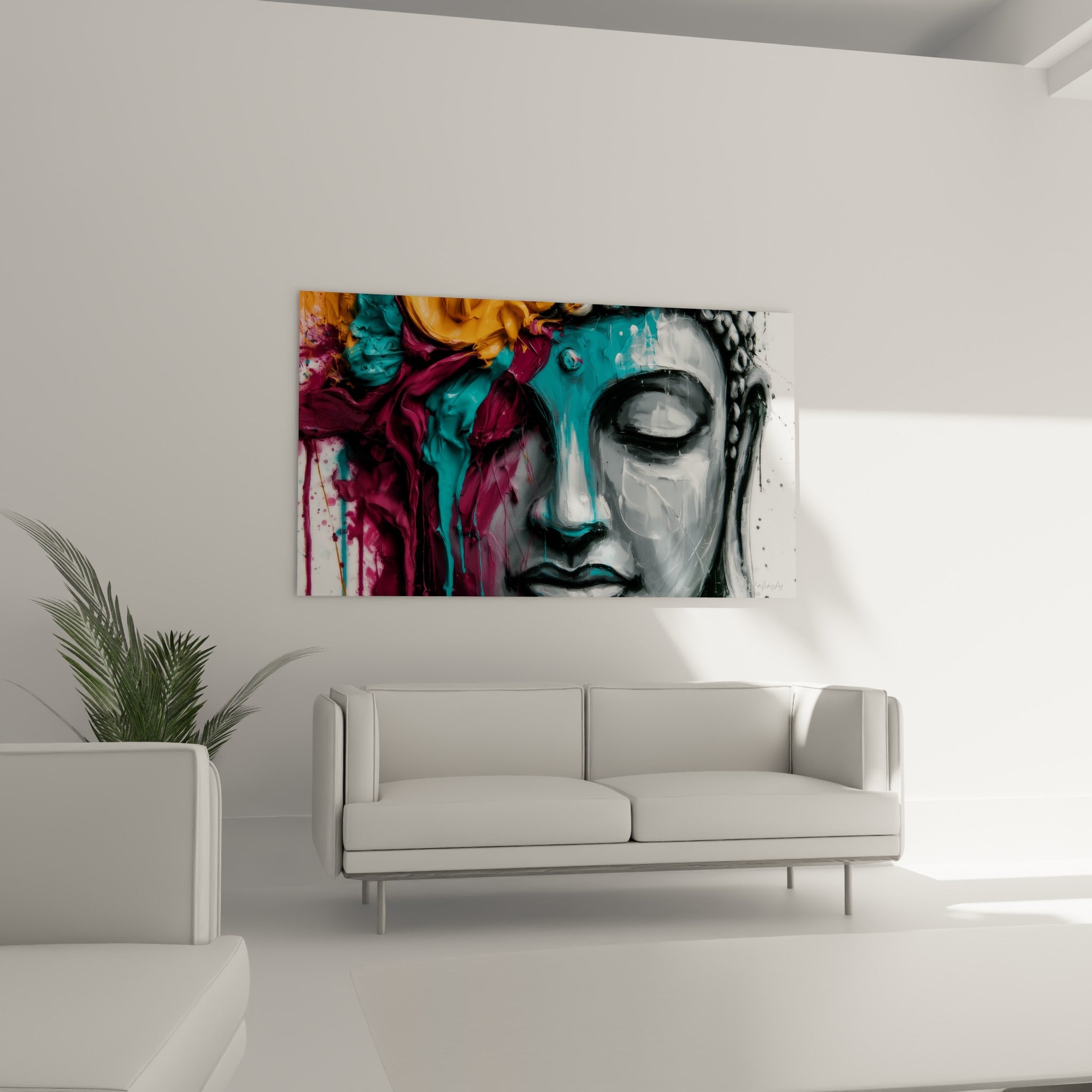Visage de Bouddha aux yeux clos, teintes anthracite et turquoise, au-dessus d'un canapé dans un salon lumineux