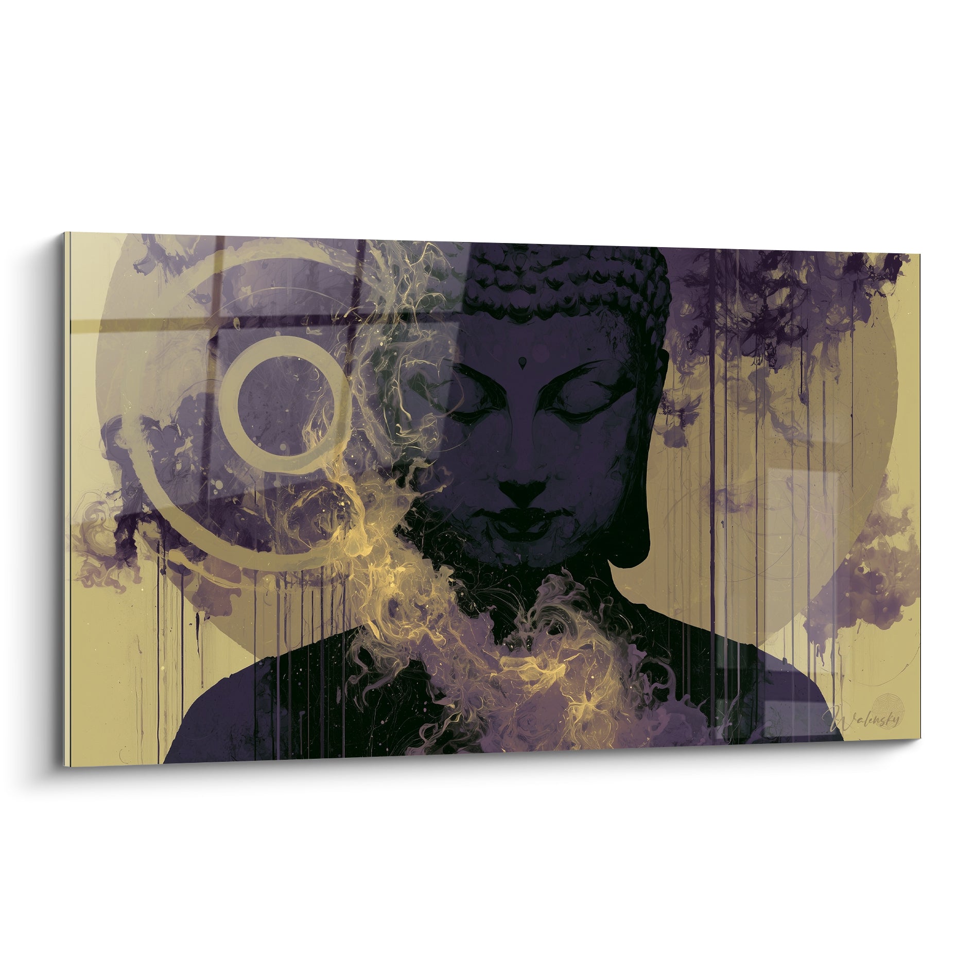 Bouddha en silhouette anthracite entouré de volutes dorées et violettes sur fond ocre lumineux