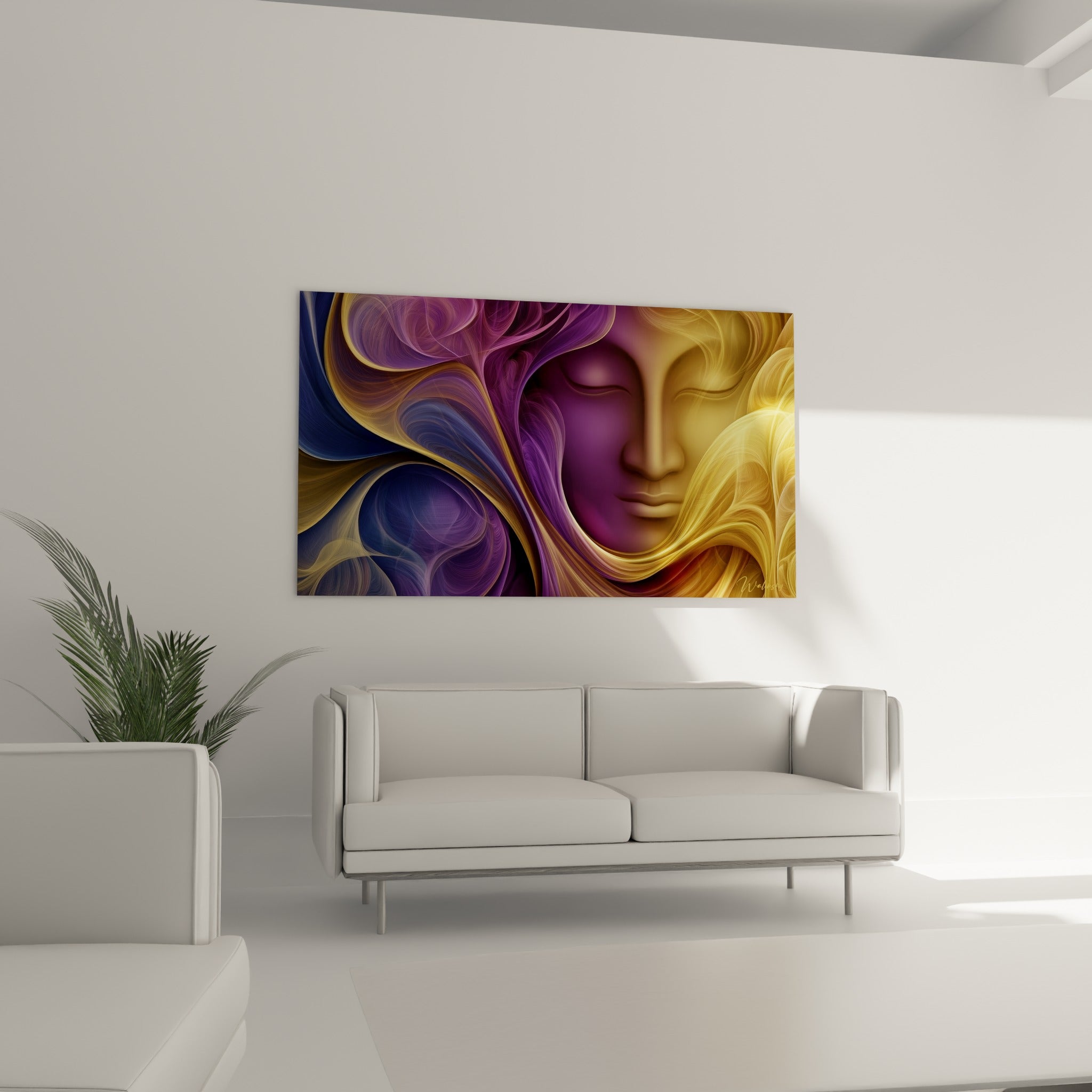 Bouddha doré aux volutes bleu marine au-dessus d'un canapé dans un salon lumineux.