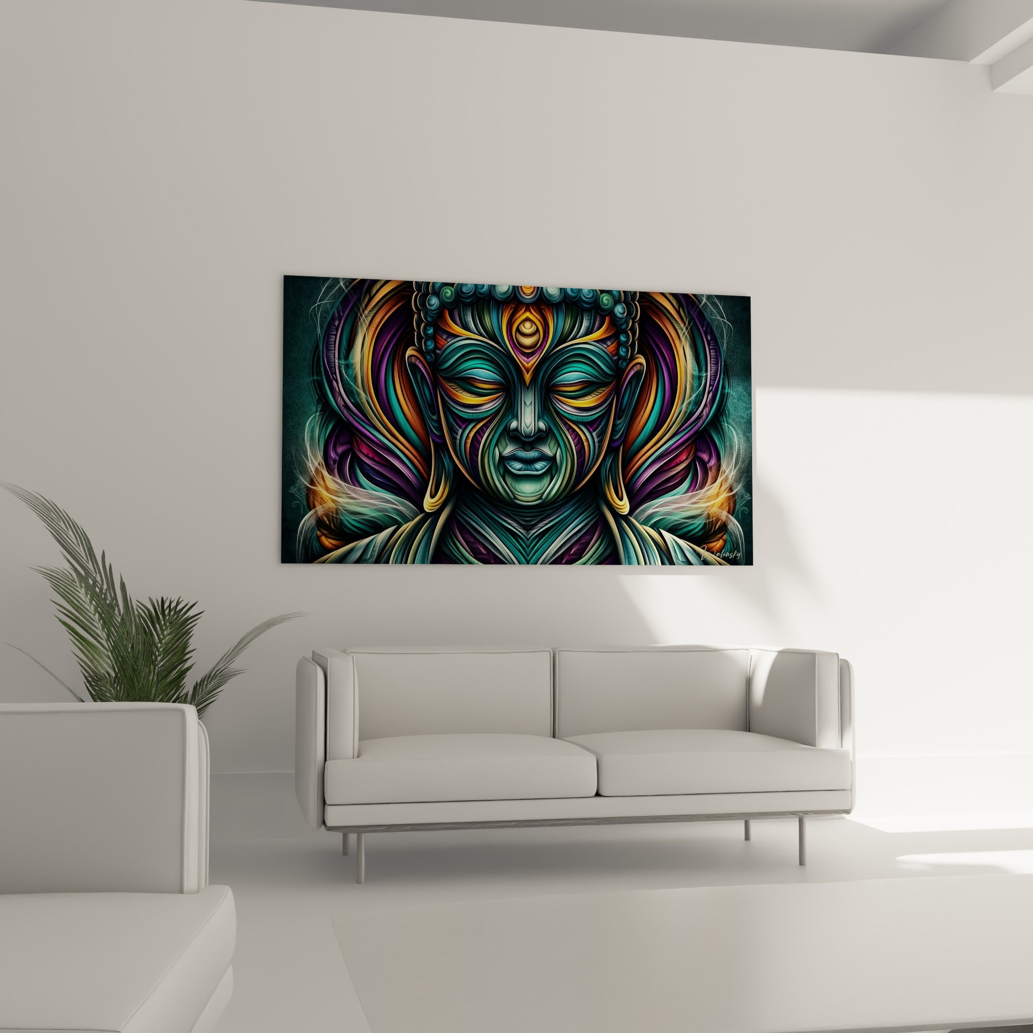 Bouddha doré et émeraude au regard apaisé au-dessus d'un canapé dans un salon lumineux