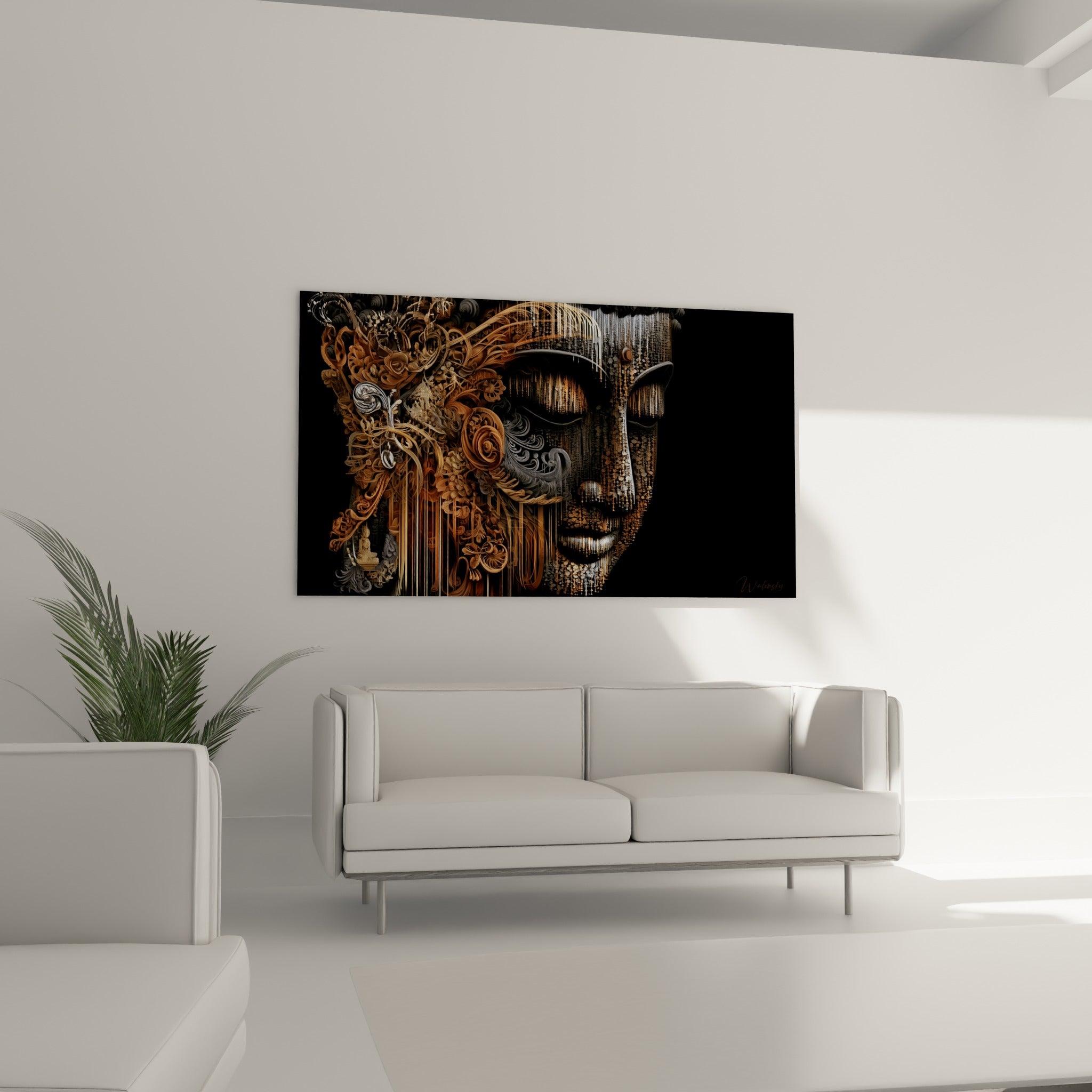 Bouddha aux stries dorées et volutes argentées sur fond noir, au-dessus d'un canapé dans un salon lumineux