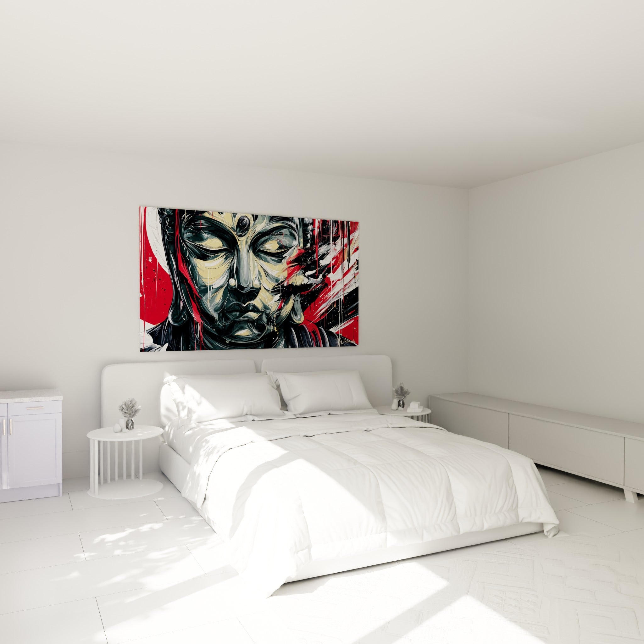 Bouddha serein aux teintes dorées et rouges, au-dessus d'un lit dans une chambre claire