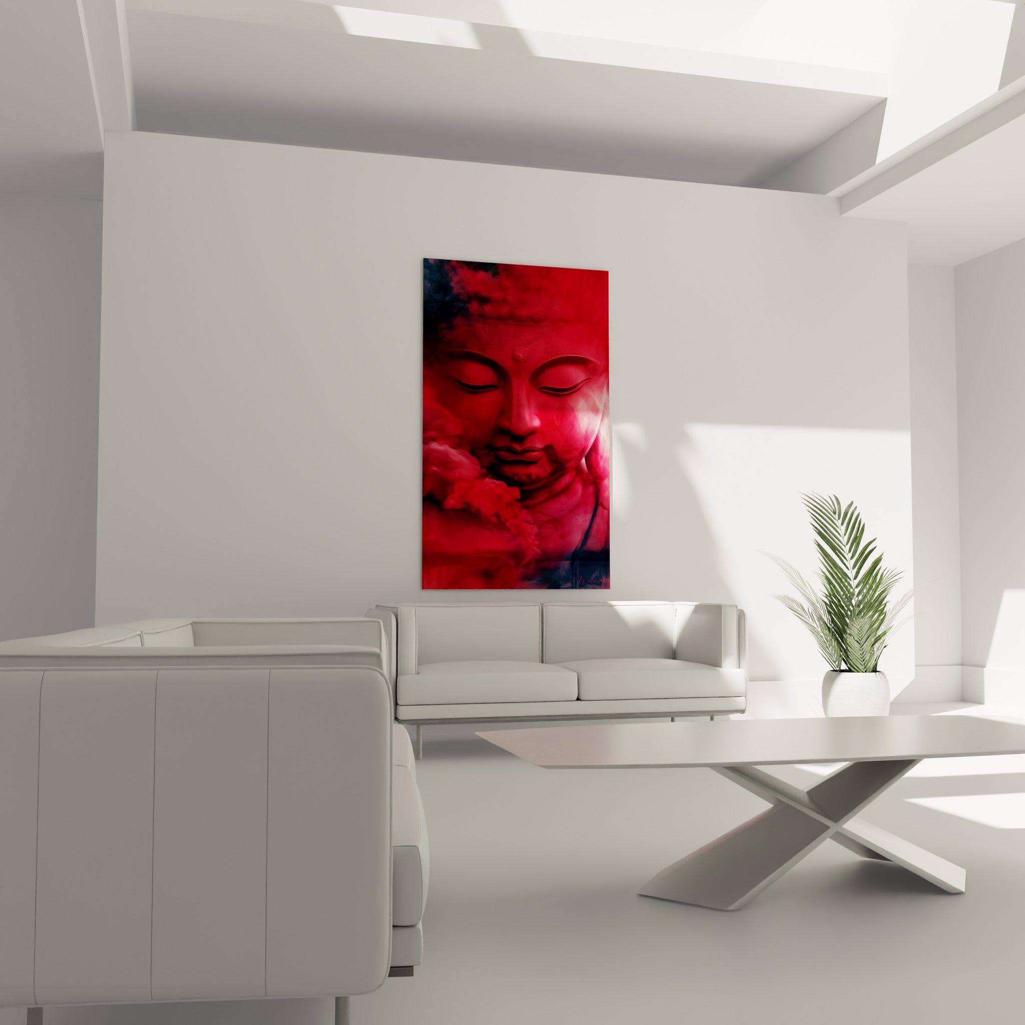 Bouddha méditatif aux teintes rouge écarlate et anthracite, suspendu au-dessus d'un canapé dans un salon lumineux