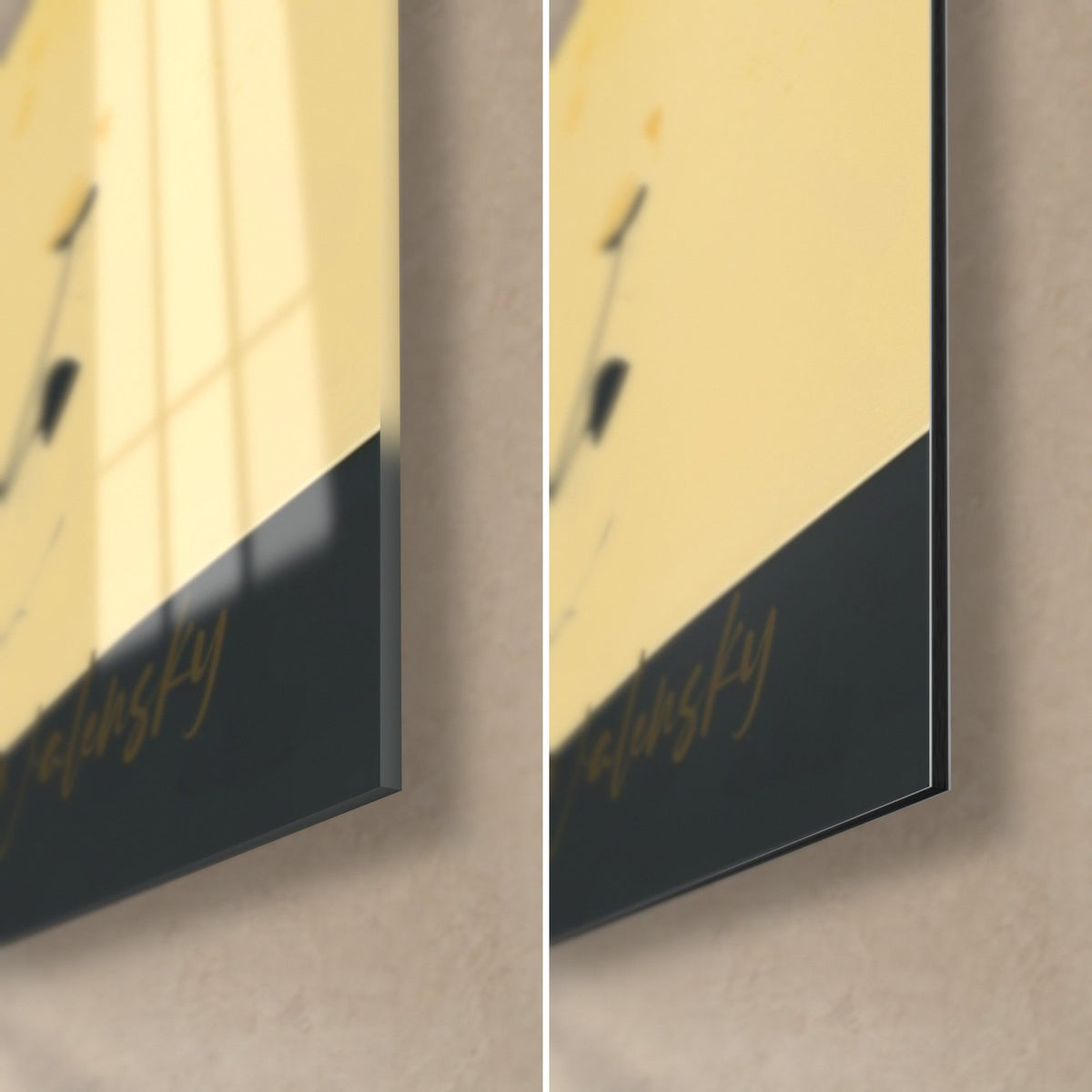 Tableau méditation noire et jaune, coin bas droit : verre acrylique brillant aux reflets à gauche, alu Dibond mat noir à droite, tranche de 3 mm