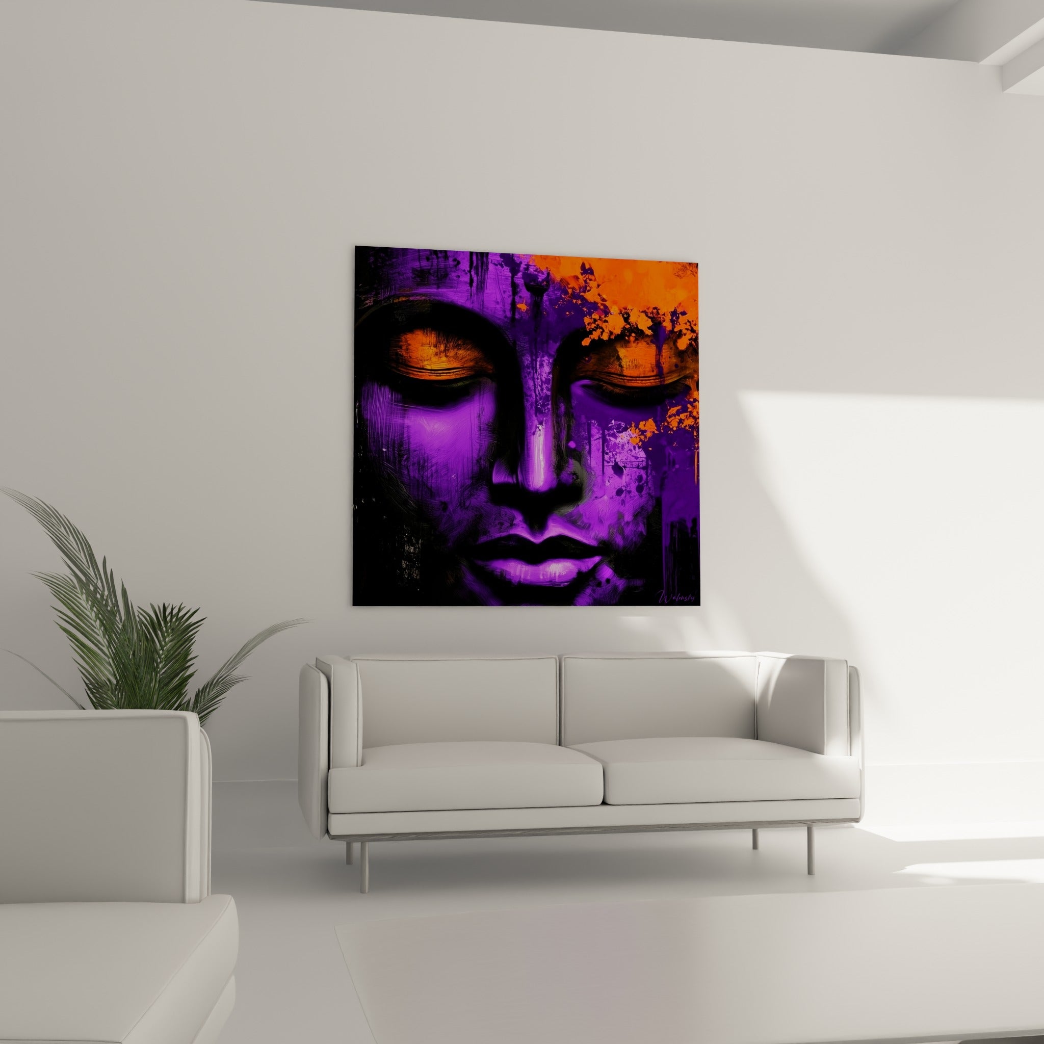 Méditation figurée par un Bouddha pourpre et doré placée au-dessus d'un canapé dans un salon lumineux