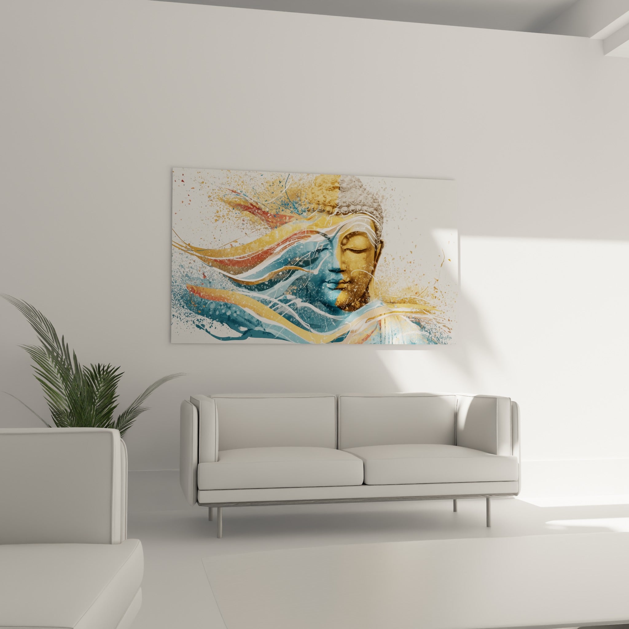 Statue de Bouddha ocre et bleu marine baignée de lumière, au-dessus d'un canapé dans un salon lumineux