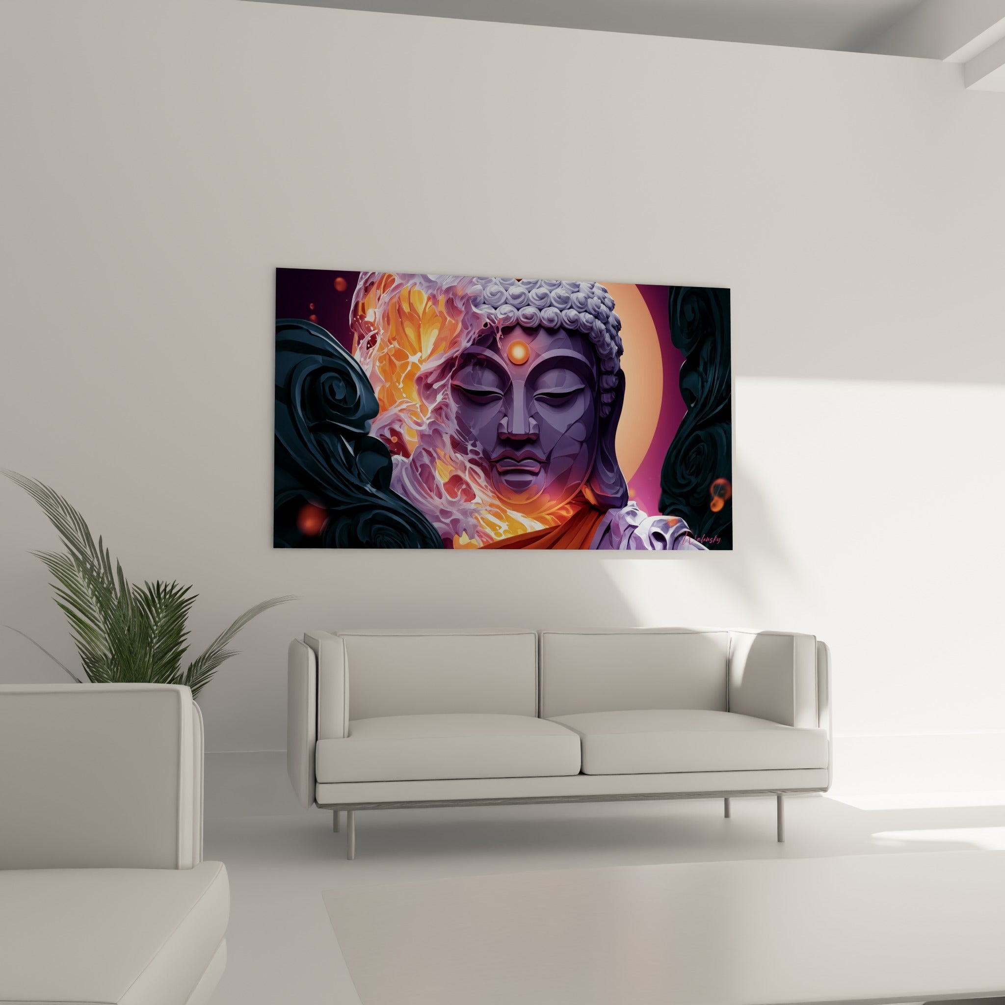 Statue de Bouddha embrasée de tons orangés et anthracite, au-dessus d'un canapé dans un salon lumineux