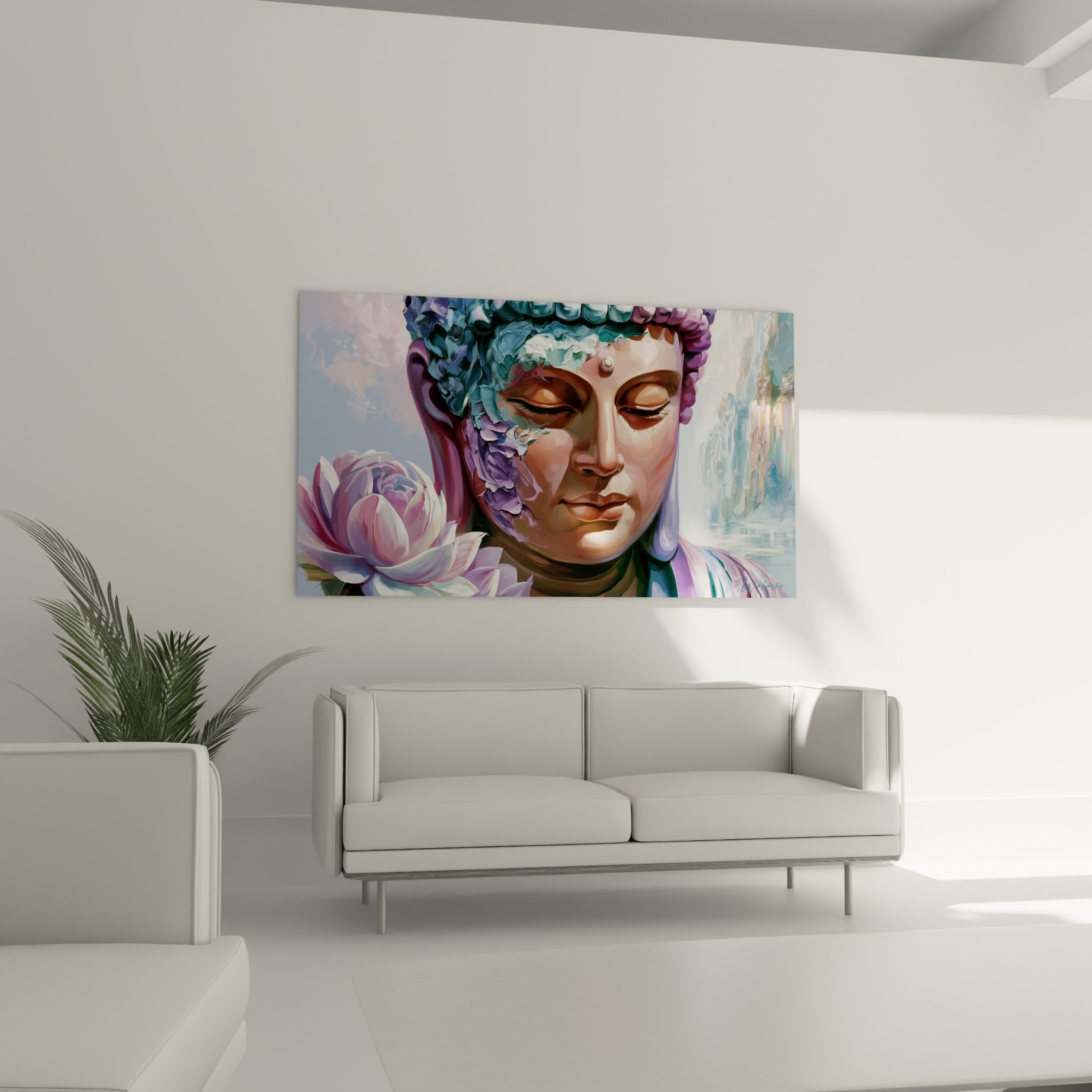 Bouddha serein aux tons dorés et lotus rose, suspendu au-dessus d'un canapé dans un salon lumineux