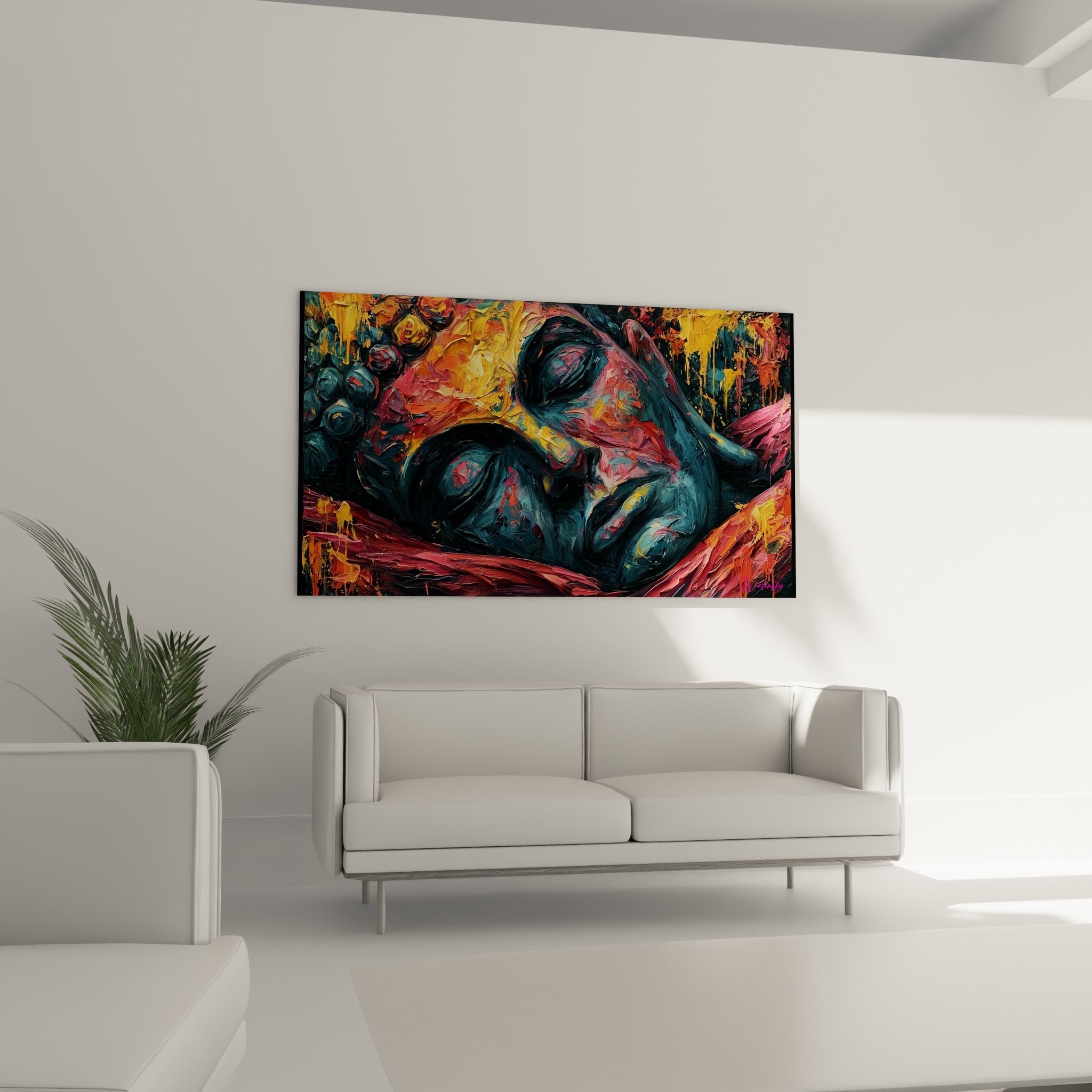 Visages fondus dans des tons anthracite et ocre, tableau Bouddha au-dessus d'un canapé dans un salon lumineux