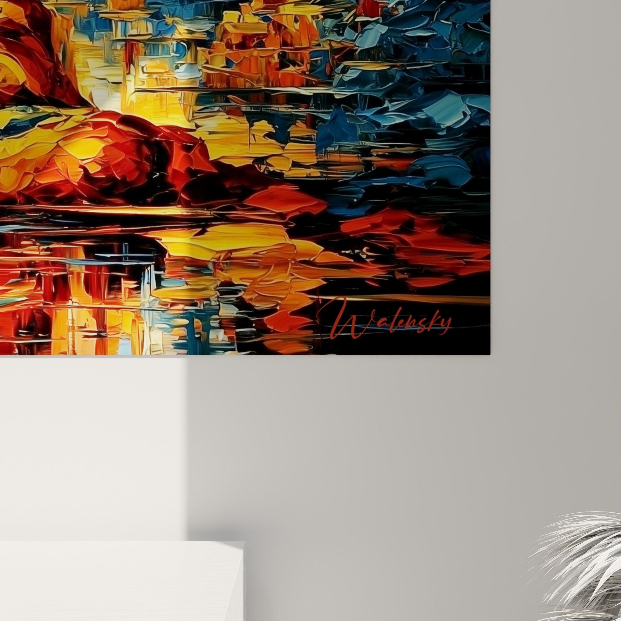 Empâtements bleu marine et orangés du Bouddha, matière épaisse et coulures dorées visibles de près