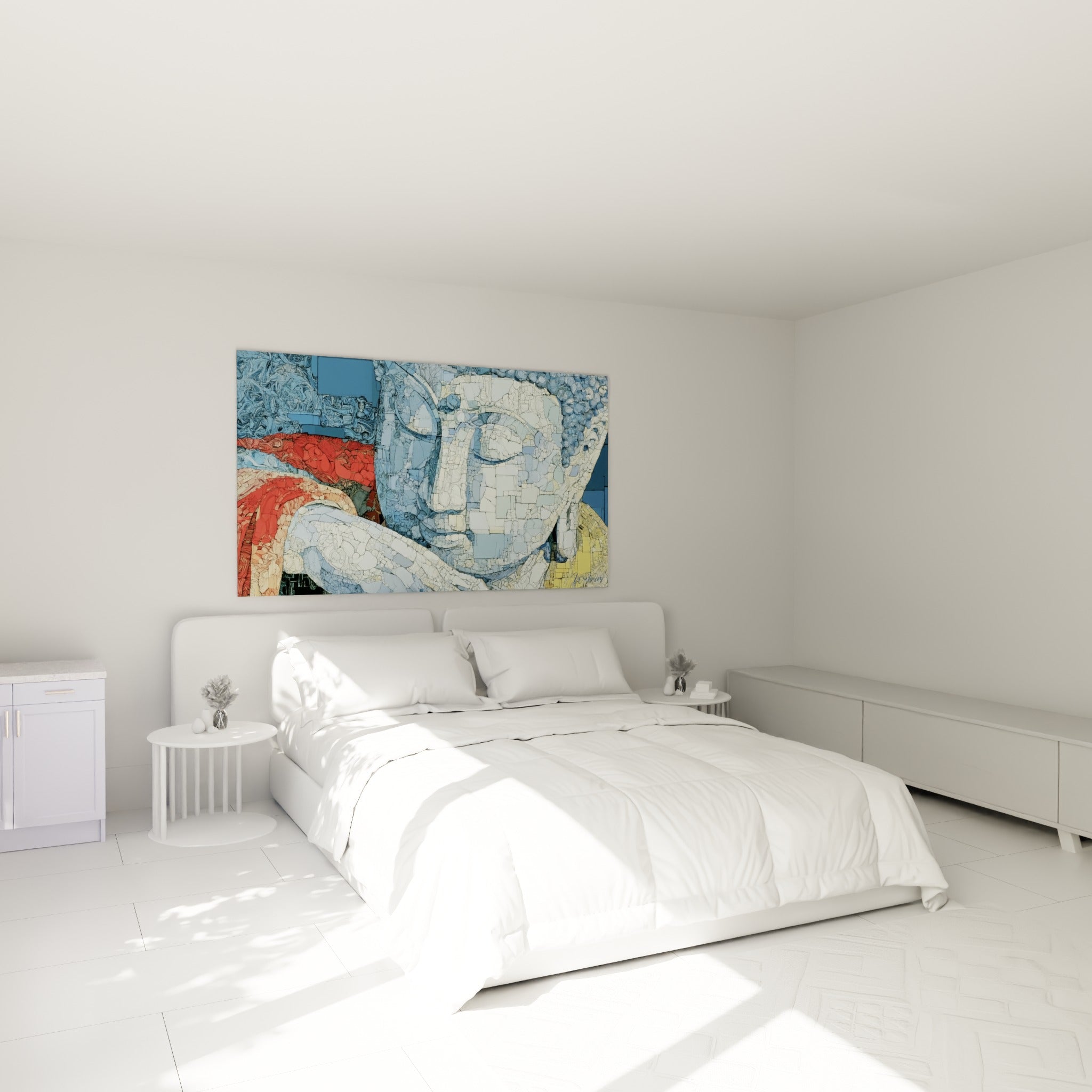 Statue de Bouddha bleu glacier et doré reposant au-dessus d'un lit dans une chambre claire