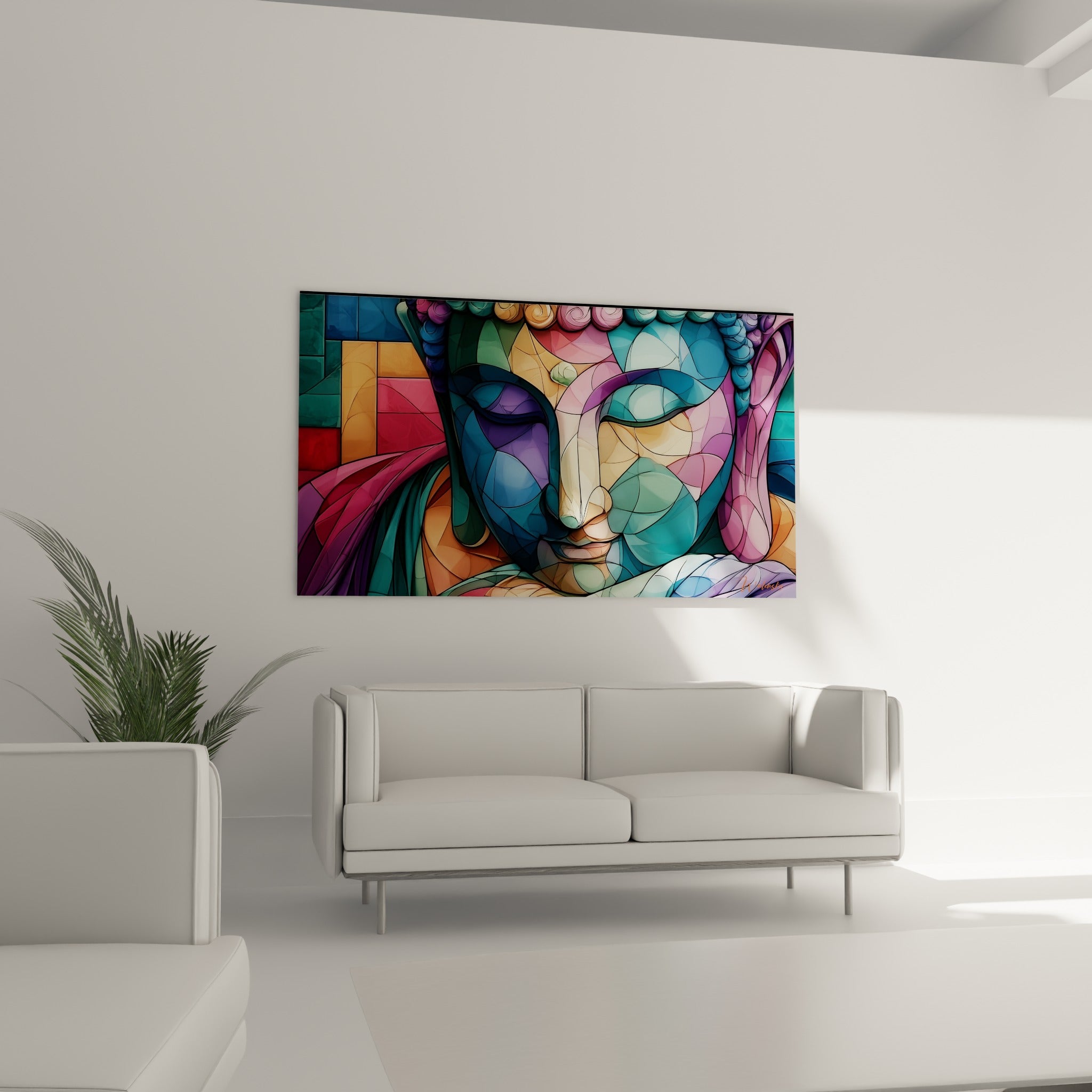 Visage de Bouddha turquoise et magenta traité en vitrail, au-dessus d'un canapé dans un salon lumineux