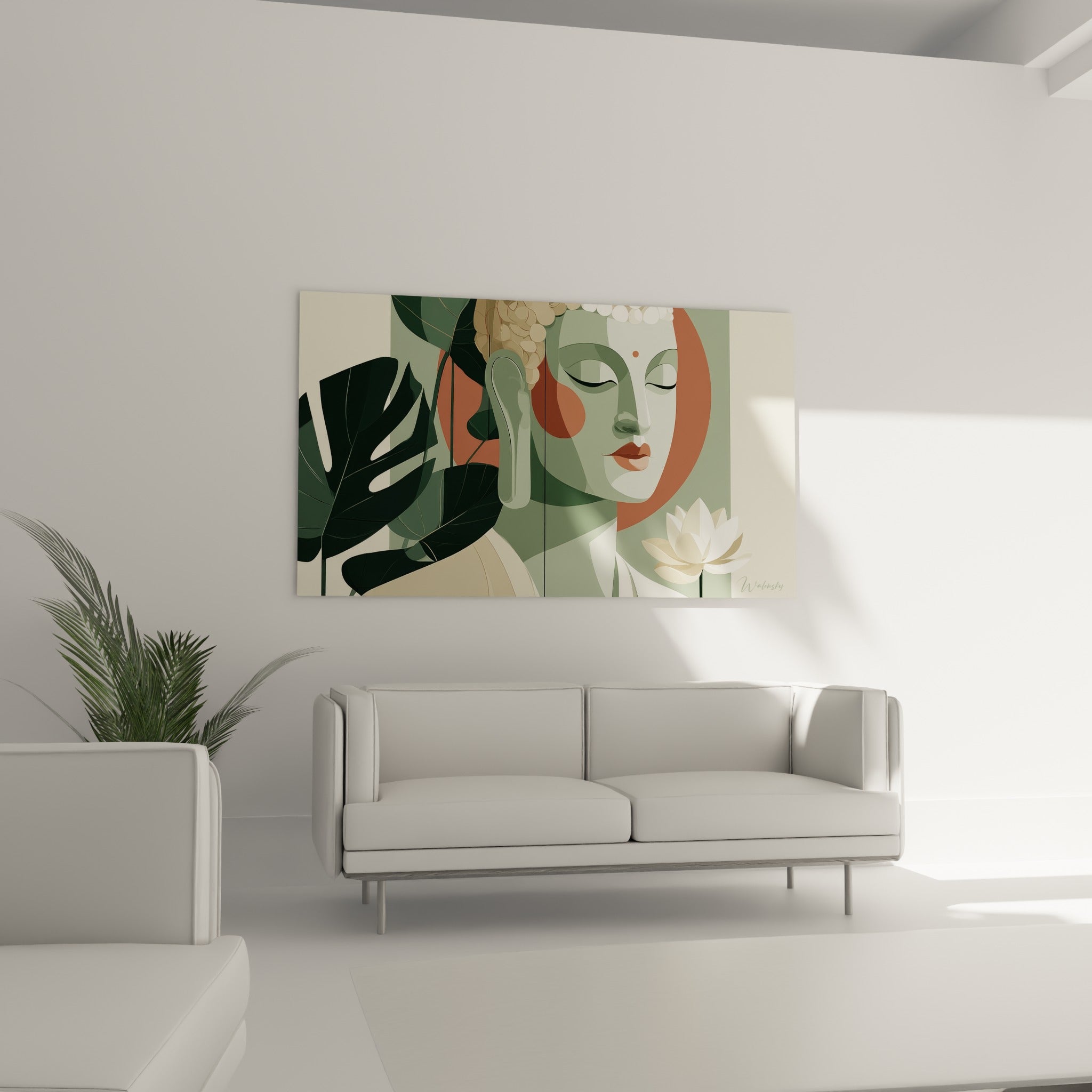 Silhouette méditative du Bouddha entourée de feuilles vertes, au-dessus d'un canapé dans un salon lumineux