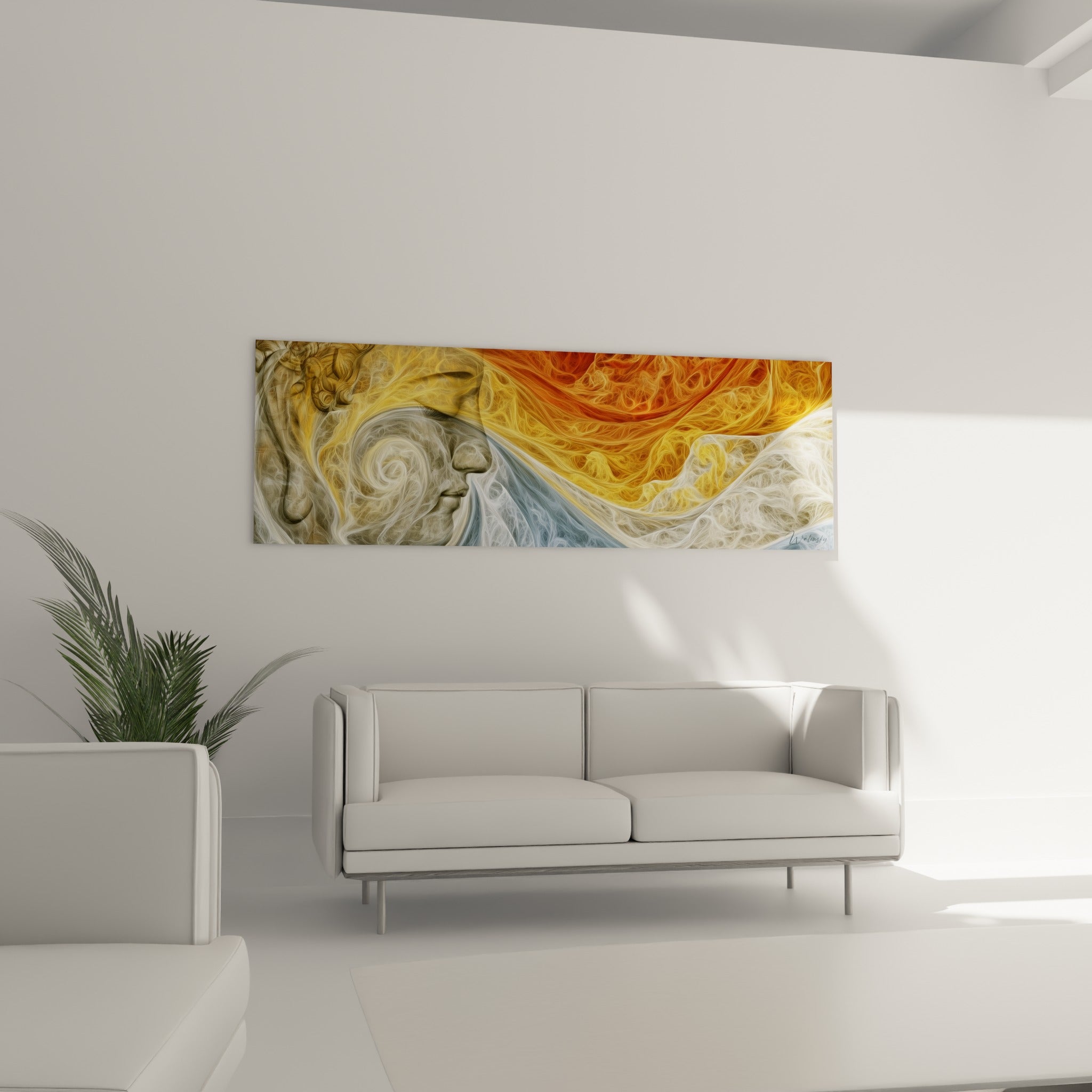 Sagesse du Bouddha sculptée entre flammes orange et volutes bleutées au-dessus d'un canapé dans un salon lumineux