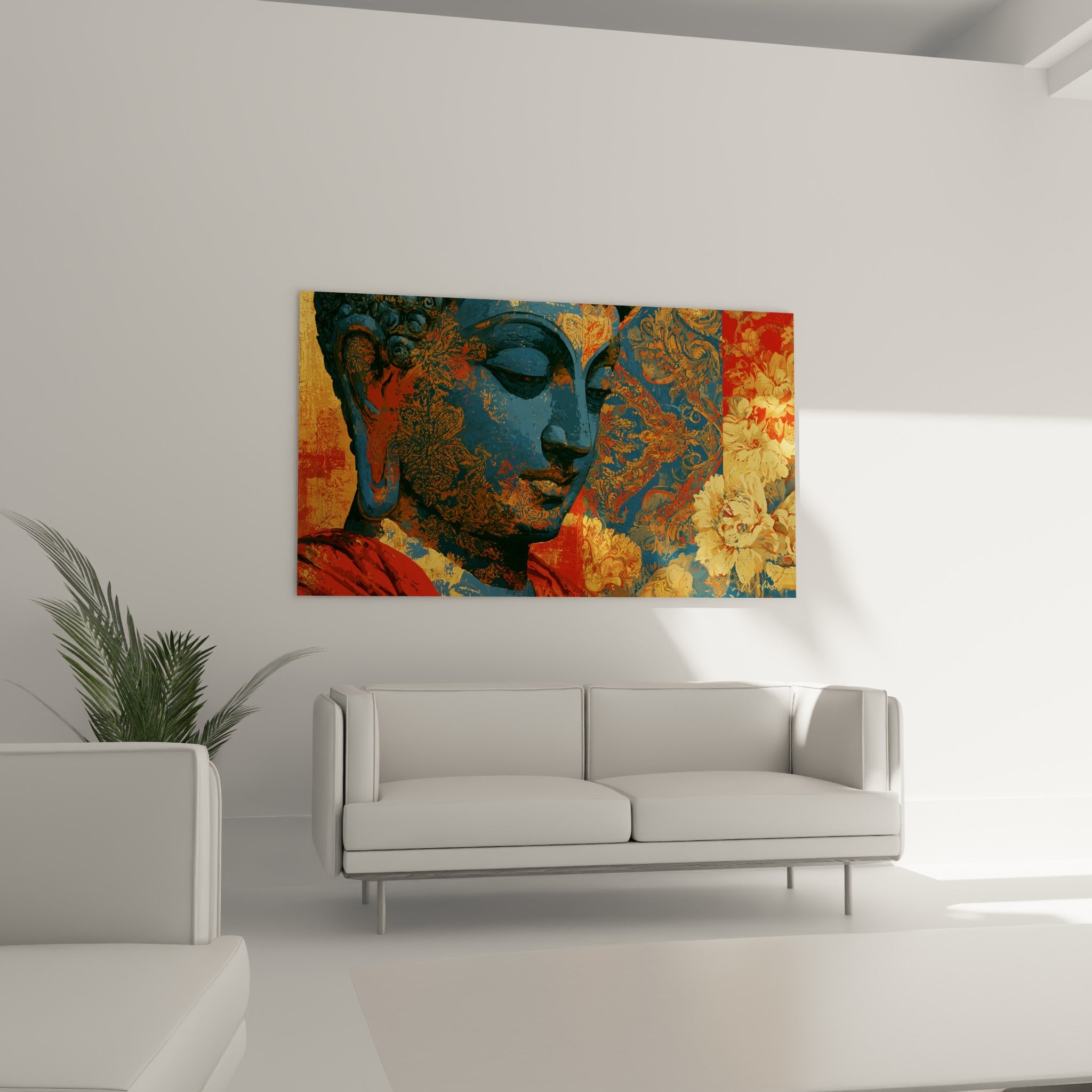 Bouddha méditatif orné de fleurs dorées et de rouge terracotta, au-dessus d'un canapé dans un salon lumineux